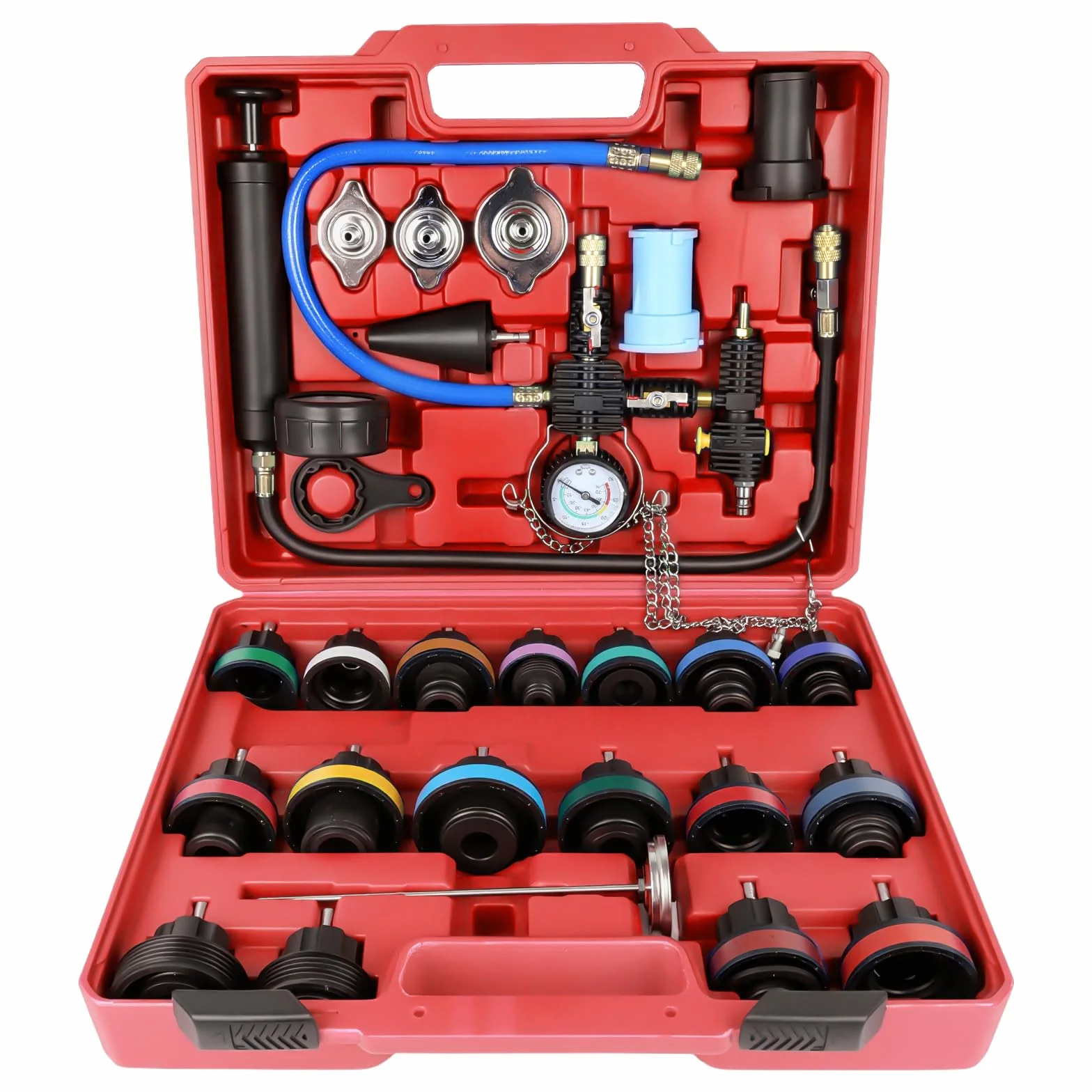 OiLiehu Kit Pressione Radiatore 28 Pezzi, Tester Pressione Liquido di Raffreddamento con 17 Adattatori Metallici e 3 Capsule Prova, Sfiatatore e Riempi Impianto Raffreddamento, Colore Rosso