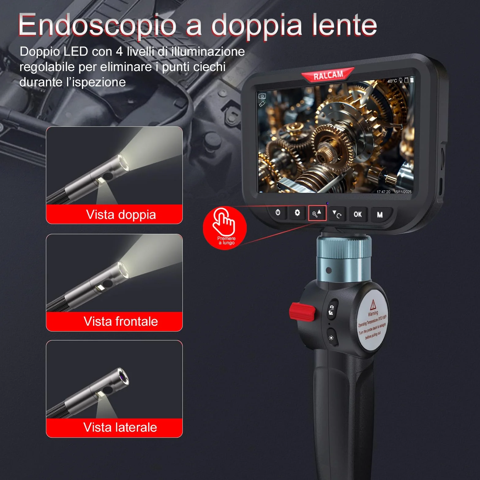 Ralcam Telecamera Endoscopica Borescopio Doppio 6,5 mm Testa Mobile 180° Schermo HD IPS 5" Impermeabile IP67 Cavo Semirigido 1,5 m