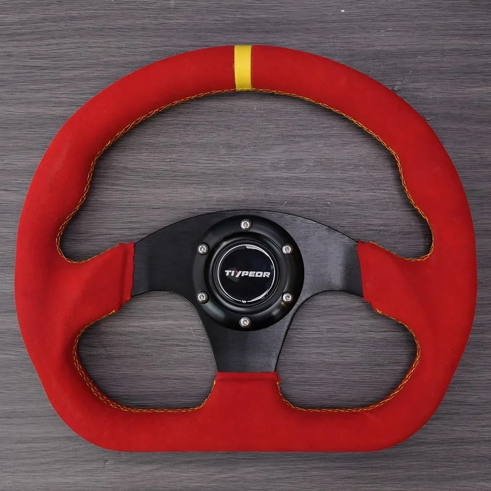 Volante da corsa a forma di D per go-kart, 320 mm (12,6"), in pelle scamosciata nera con cuciture blu, per auto sportive, drifting e simulatori di guida.