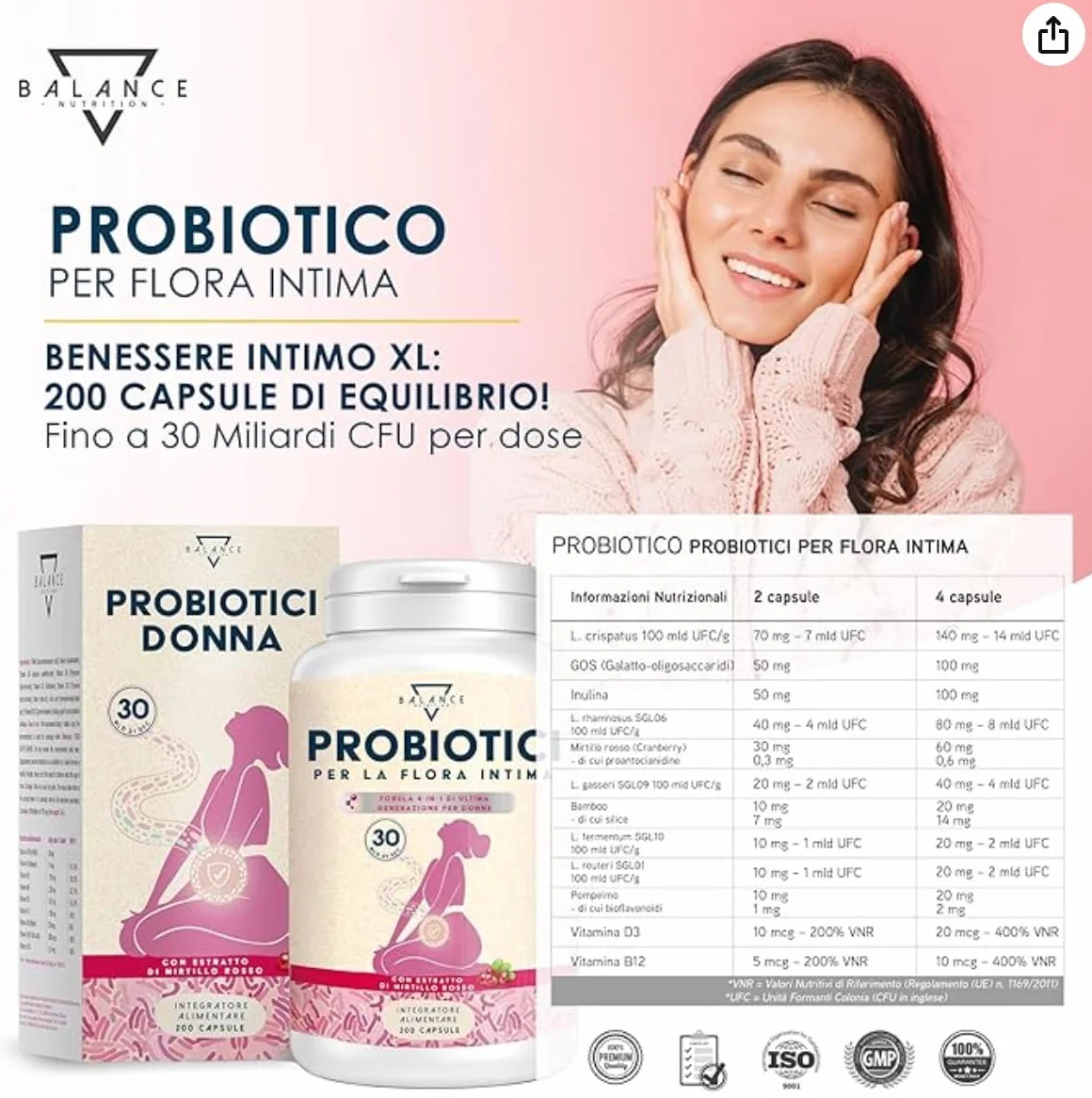 Probiotici e Prebiotici per la Flora Intima 200 Capsule 30 Miliardi CFU/giorno Lactobacillus Rhamnosus Reuteri Crispatus Fermentum Mirtillo Rosso
