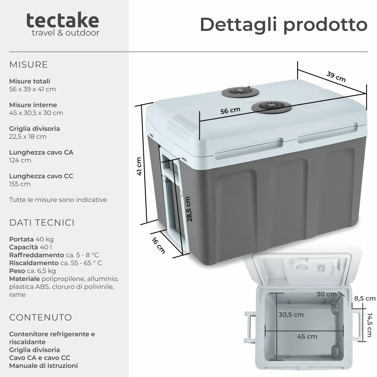 TecTake® Frigorifero Portatile e Scaldavivande 2 in 1, Mini Frigo con Modalità ECO da Campeggio con Maniglie Pieghevoli e Ruote, Portatile Elettrico Ideale per Casa e Auto - 40L