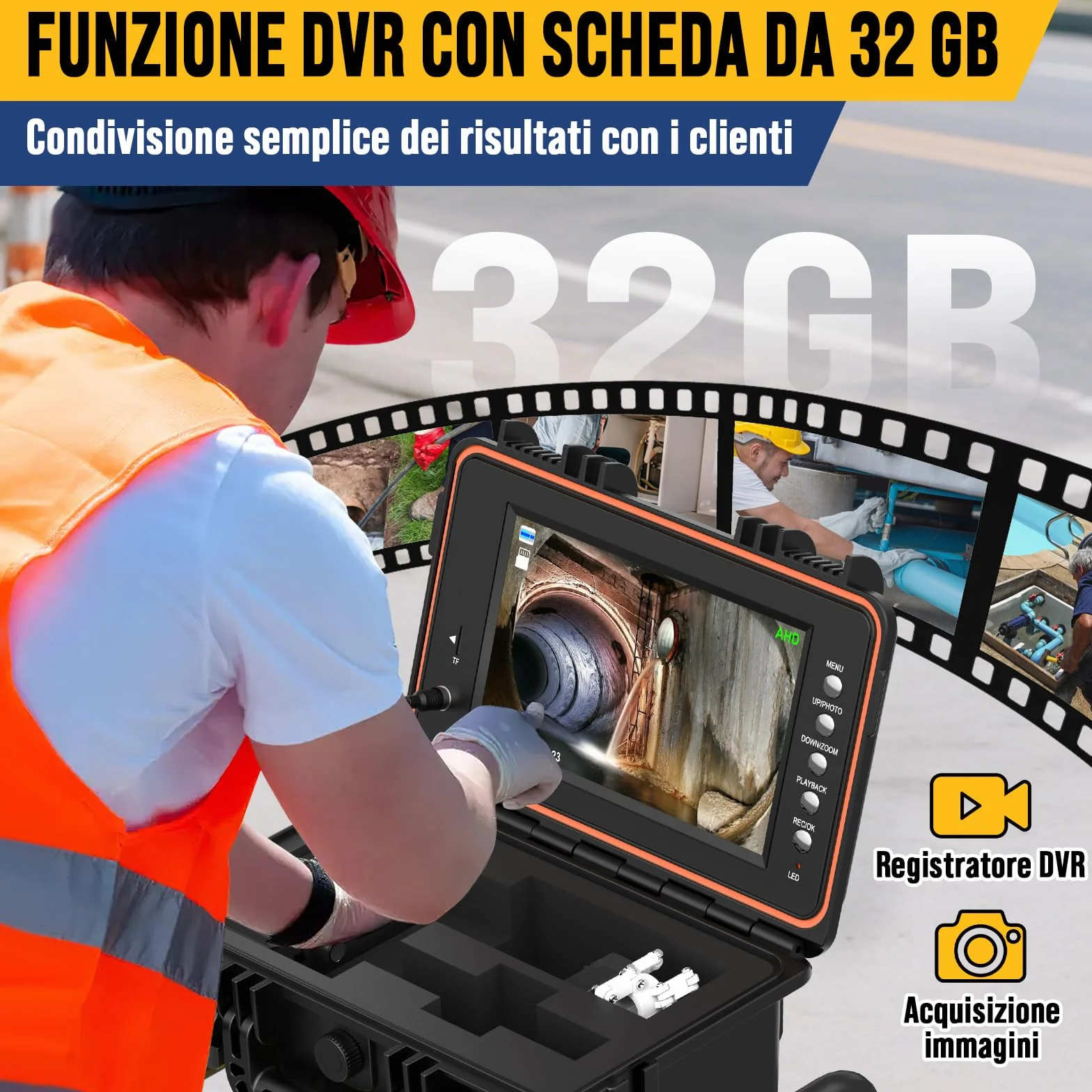 Telecamera Ispezione Tubi 1080P Sonda 512Hz Auto-Livellante Schermo IPS HD 9 Pollici DVR 32GB Batteria 5100mAh Impermeabile IP68 30M