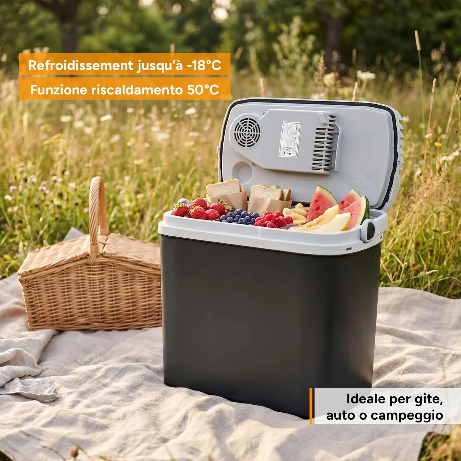 TZS First Austria Frigo Portatile Elettrico 20L Tripla Alimentazione 12V/230V/USB-C Raffreddamento Riscaldamento Nero Grigio