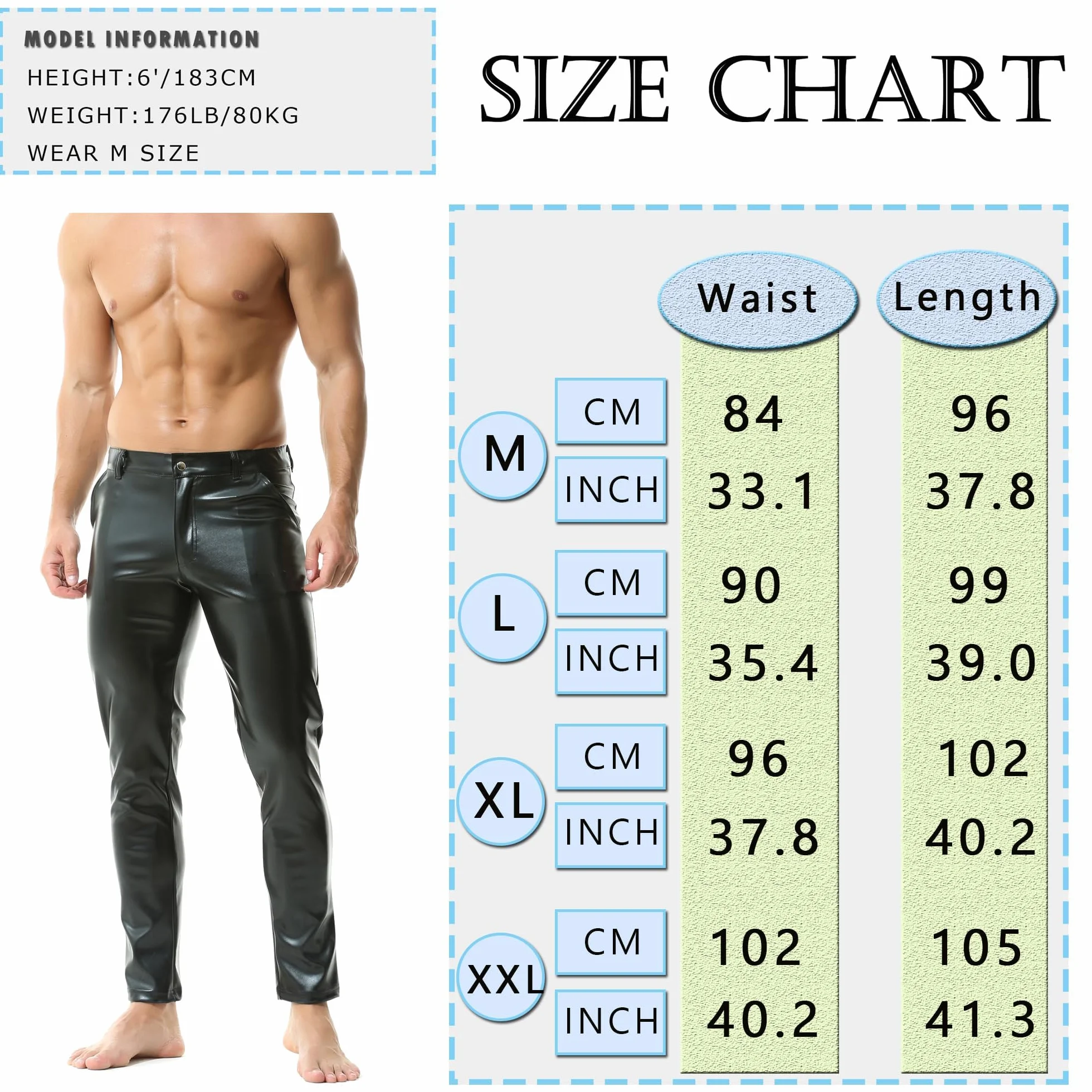 YUFEIDA Leggings da uomo PU ecopelle look bagnato pantaloni lunghi con chiusura lampo tasche moto cosplay danza, Nero, L