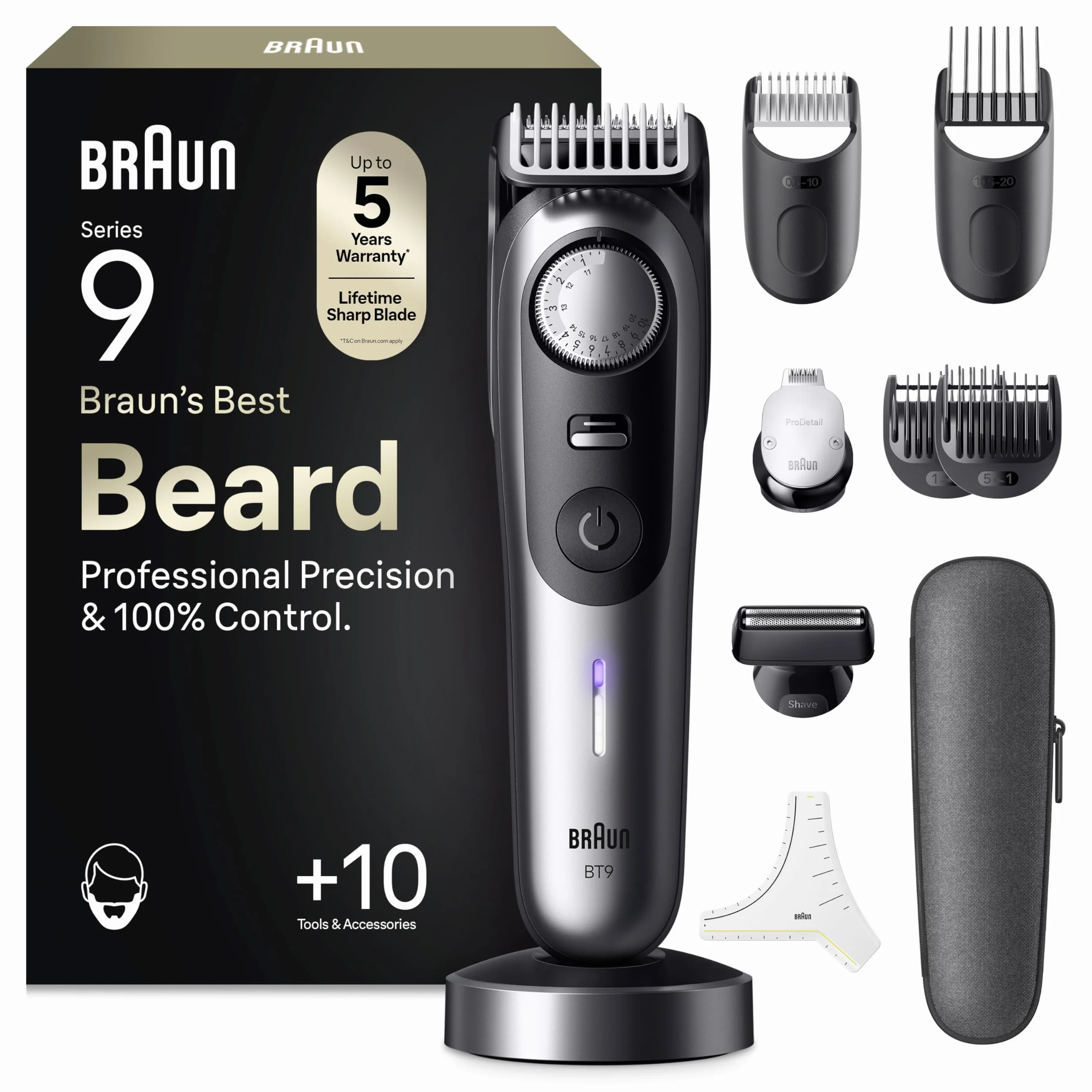 Braun Series 9 Rasoio Elettrico Barba, Lama Problade Affilata a Vita, 180 Min, 52 Lunghezze, Impermeabile, Bt9545