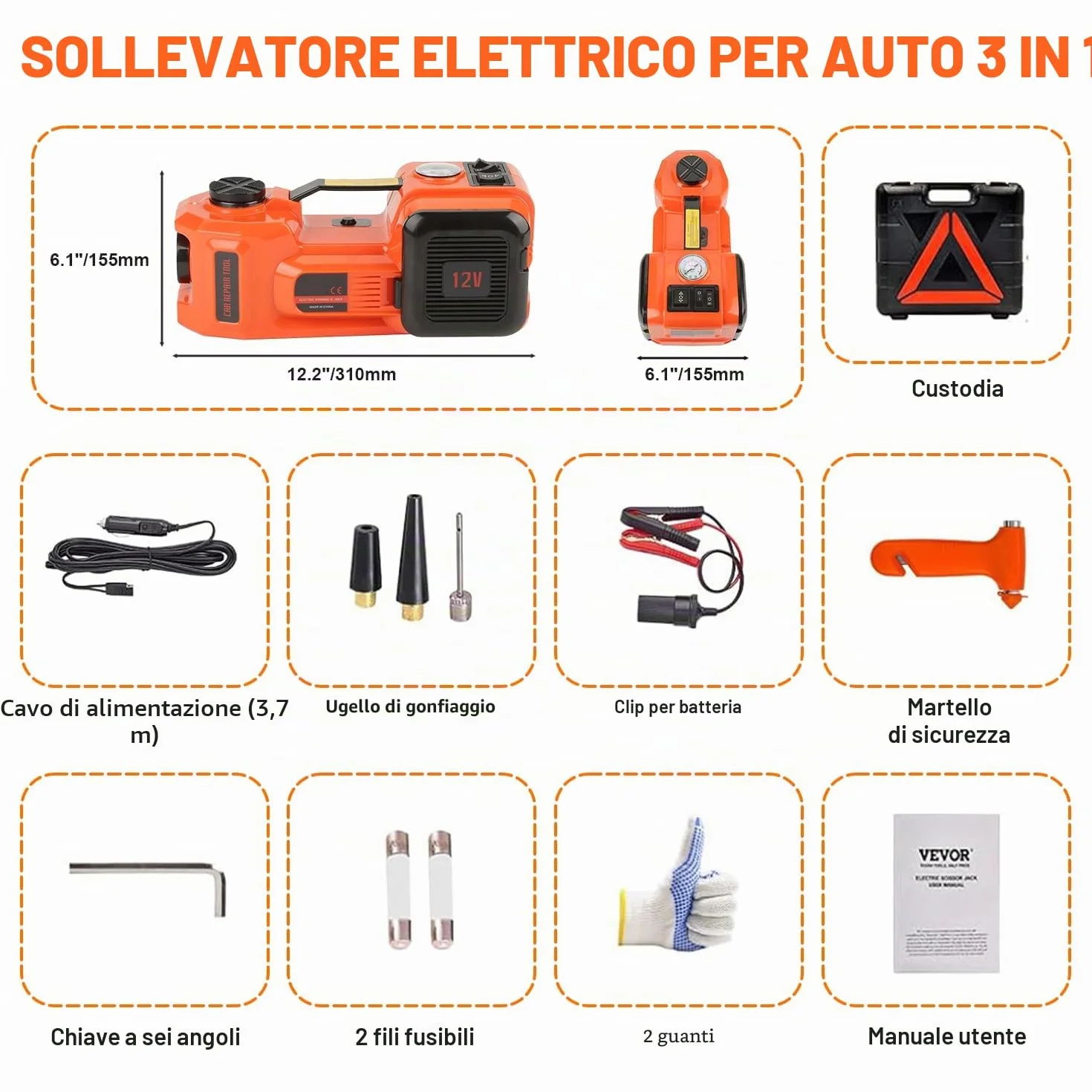 VOBOR Cric Elettrico 5T, 12V Sollevatore Auto Martinetto Idraulico con Pompa di Gonfiaggio e Fari A LED, 135-360 mm Car Electric Jack per Auto e SUV