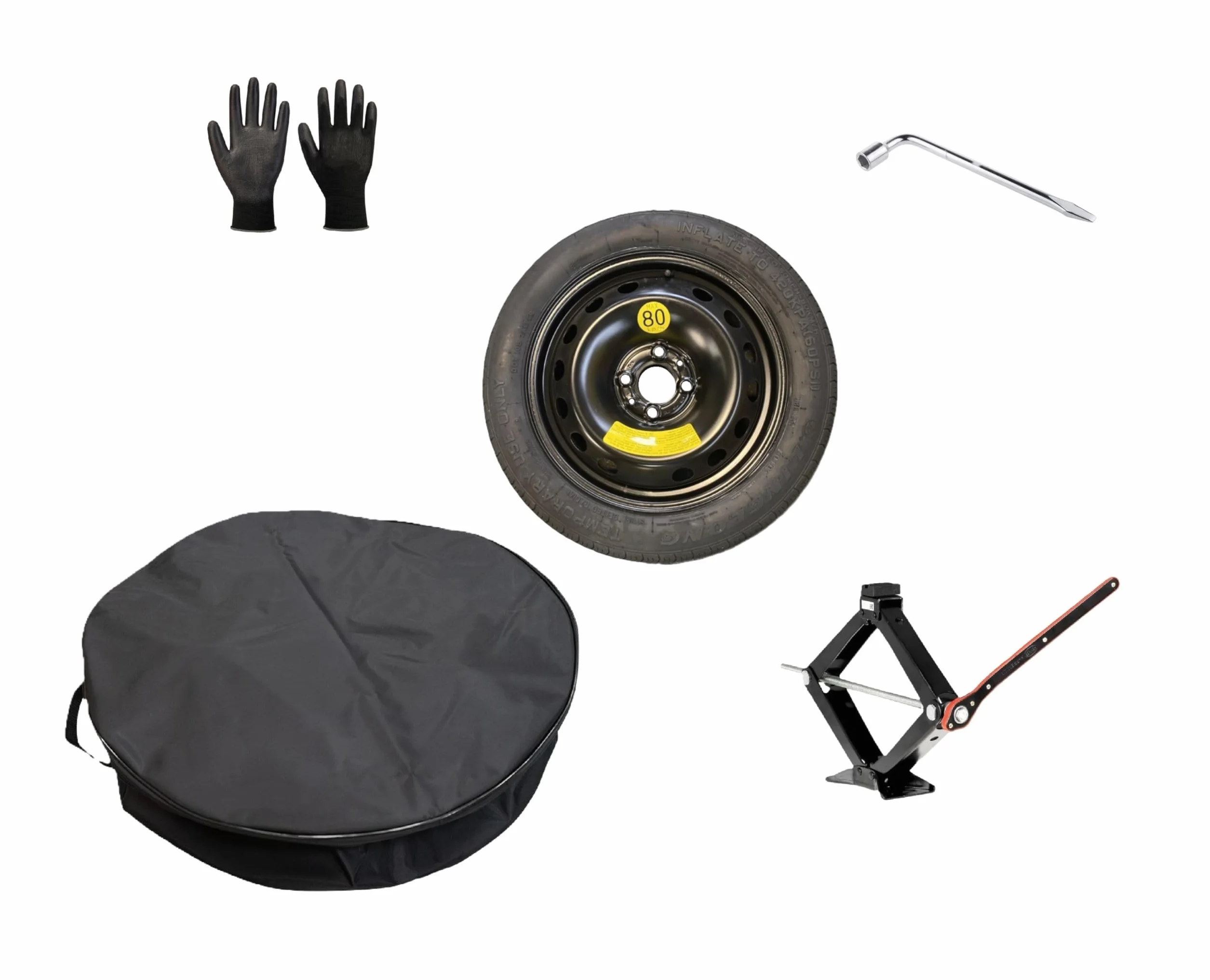 Kit Ruotino di Scorta 15" compatibile Leapmotor T03 125/70R15 Cric Chiave Guanti Sacca
