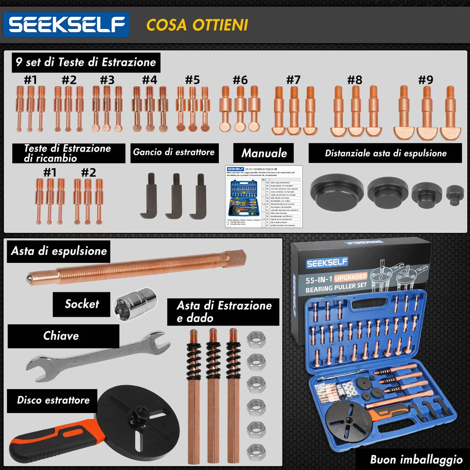 Kit estrattore per cuscinetti 55 in 1, set estrattori fori ciechi, rimozione cuscinetti interni ed esterni