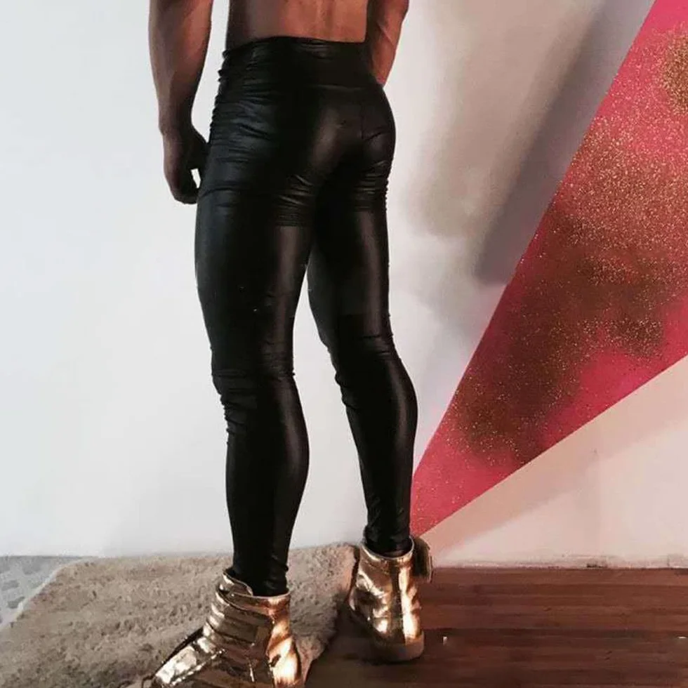 Pantaloni da uomo in finta pelle PU effetto bagnato Slim Fit Leggings Night Club Party