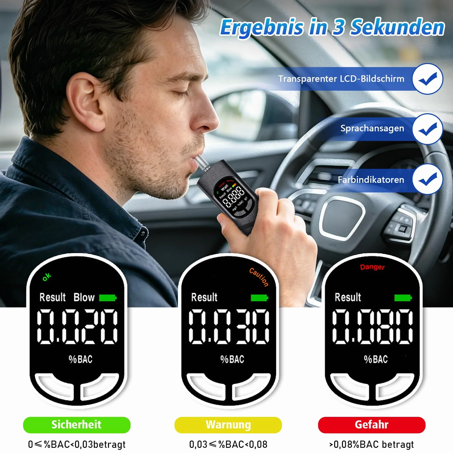 Etilometro Digitale Portatile con Display LCD a Colori – Alcoltest Ricaricabile USB-C per Casa, Feste, BBQ, Viaggi – 20 Bocchini Igienici Monouso Inclusi