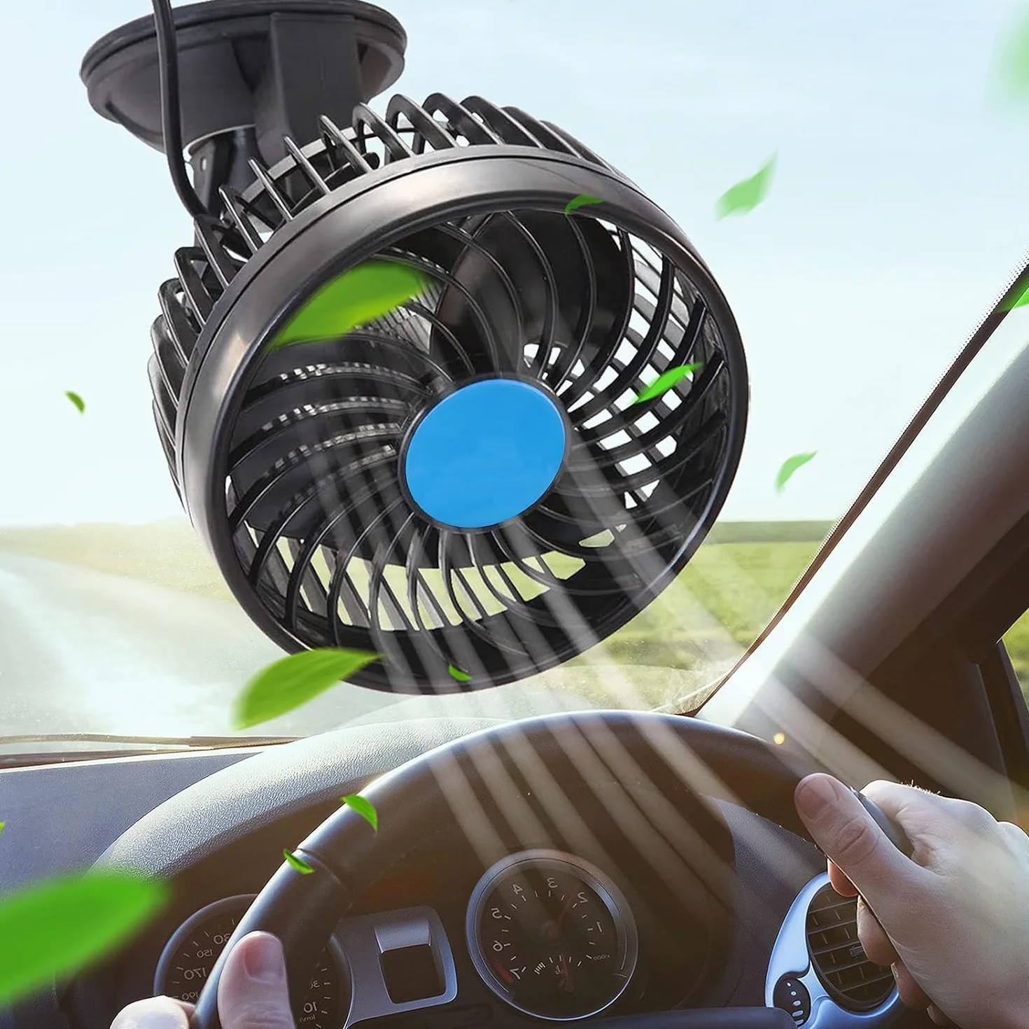 Ventilatore Auto 12V 4.5" Ventola Elettrica Silenziosa Rotazione 360° Regolabile Velocità Continua per Camion Furgoni SUV