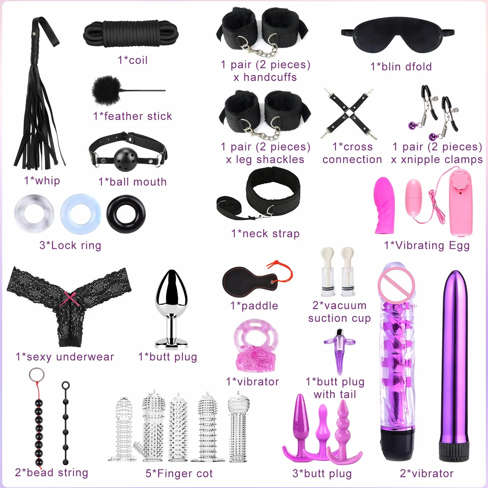 Kit bondage SM Oziral 34 pezzi BDSM Set per letto giocattoli sessuali coppie accessori principianti plug anale nero