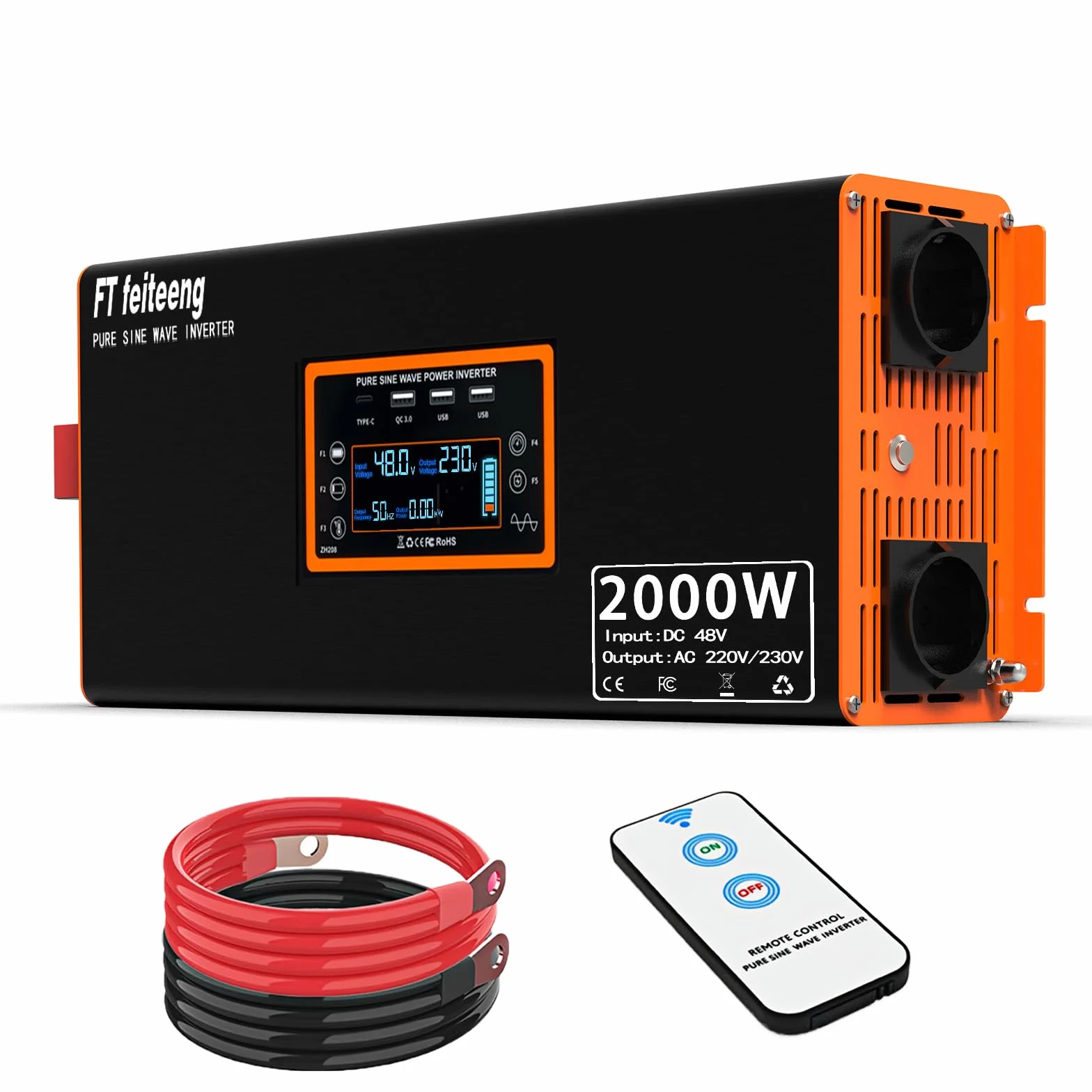 48V 2000W Pure Sine Wave Inverter 48V 220V LCD Display 2 EU Socket 4 USB-C Remote Control for RV Car Camping