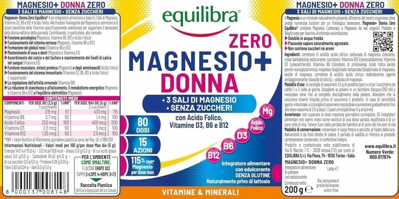 Equilibra Magnesio Donna Zero Zuccheri 200g Polvere 3 Sali di Magnesio Bisglicinato Pidolato Carbonato Acido Folico Vitamina D3 B6 B12 Solubilità Istantanea Sapore Agrumato
