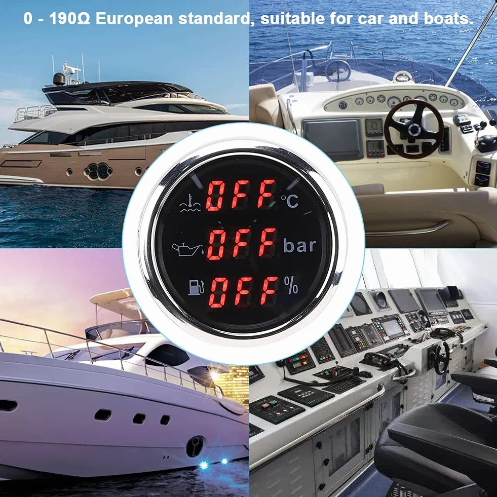 Indicatore Multifunzione 3 in 1 Indicatore Digitale Temperatura Dell'acqua di Raffreddamento Pressione Dell'olio Volume Dell'olio 52MM con Funzione di Allarme Per Car Boat RV(Piastra frontale nera)
