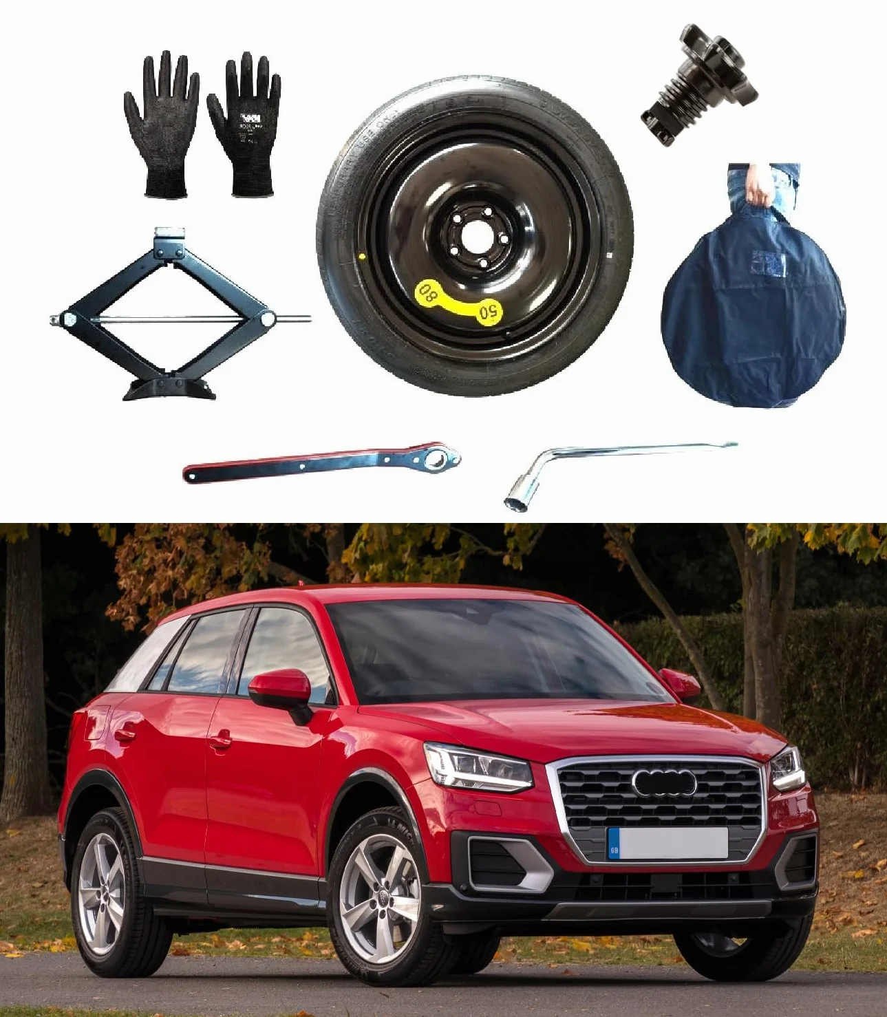 D'ANGELO 1988 Kit Ruotino di Scorta 17" per Audi Q2 con Cric, Chiave e Sacca
