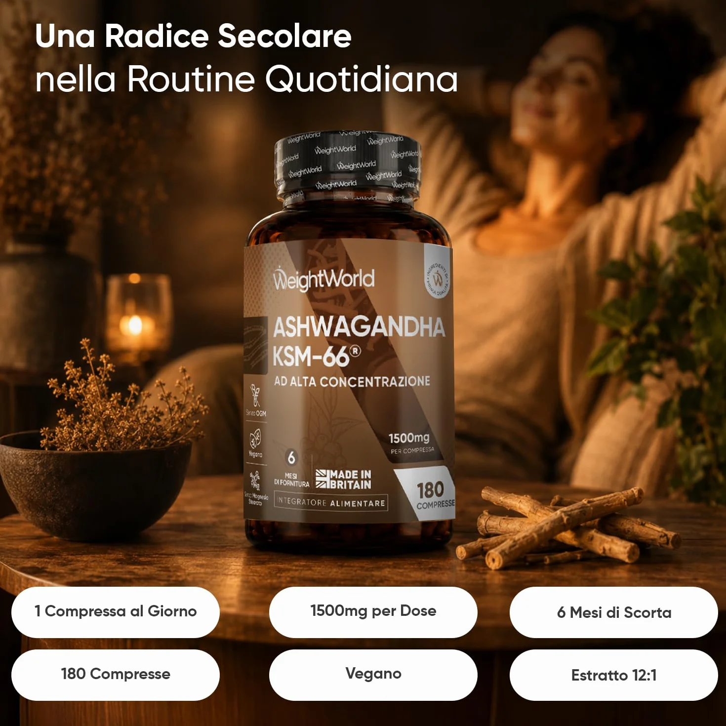 Ashwagandha KSM-66 Integratore 180 Compresse 1500mg Estratto 12:1 Withania Somnifera Vegana Prodotto in UK