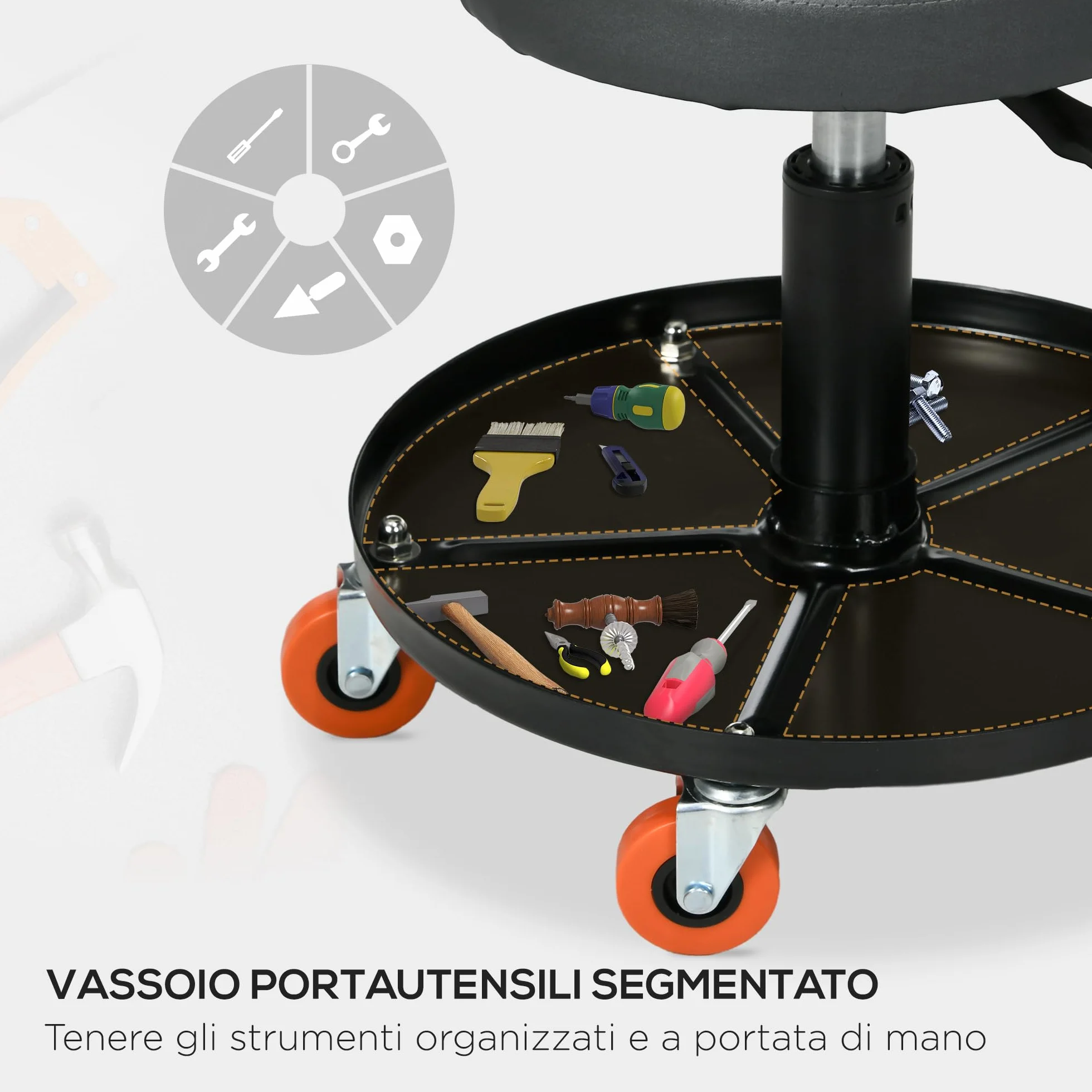 HOMCOM Sgabello da Officina con Ruote e Porta Attrezzi, Altezza Regolabile Girevole 360°, Ø40x38-48cm, Nero