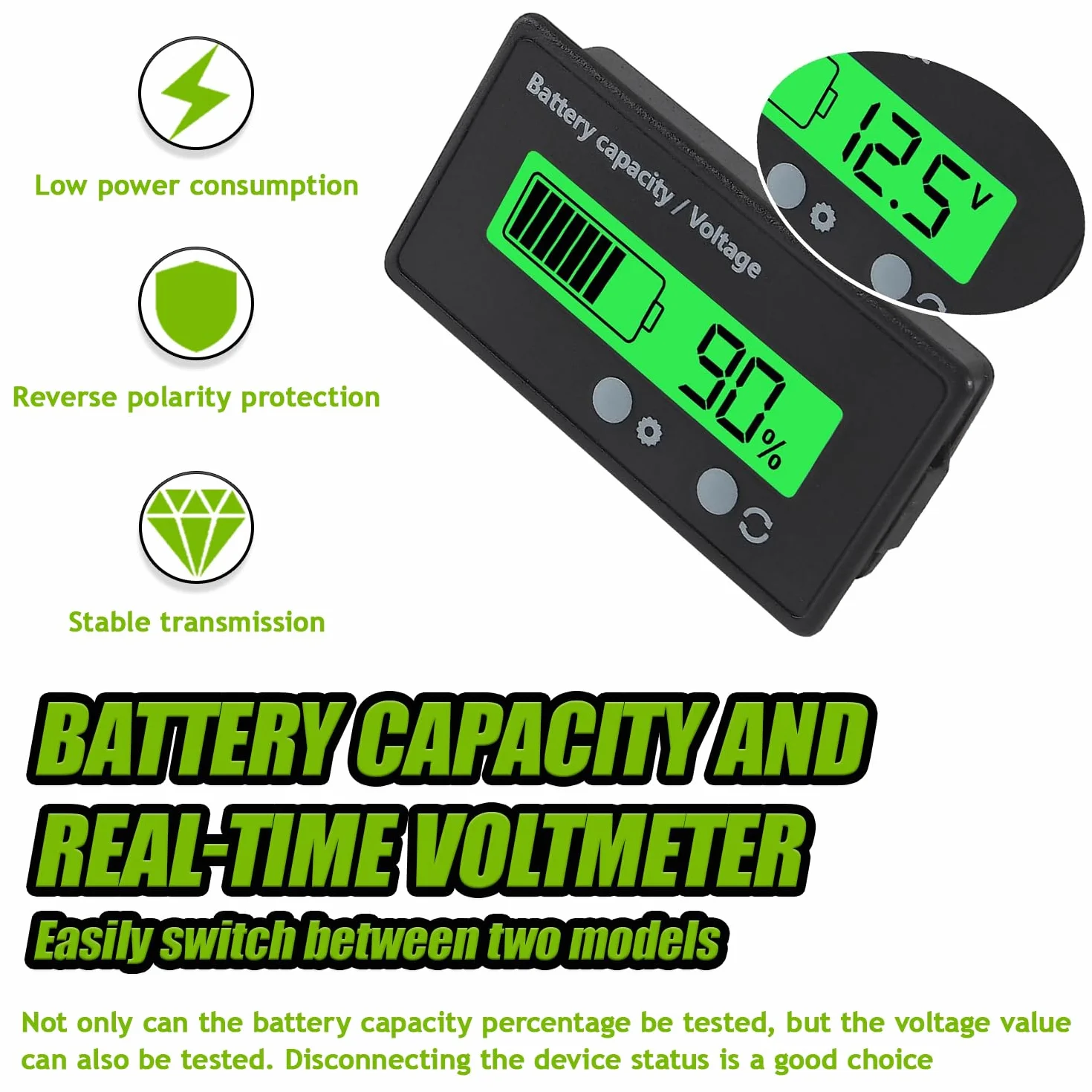 Batteria Capacità Monitor Gauge Meter, DC 12V-72V Universale Tester Voltmetro, Tensione e Capacità Batteria al Piombo e Li-Ion (Luce Verde)