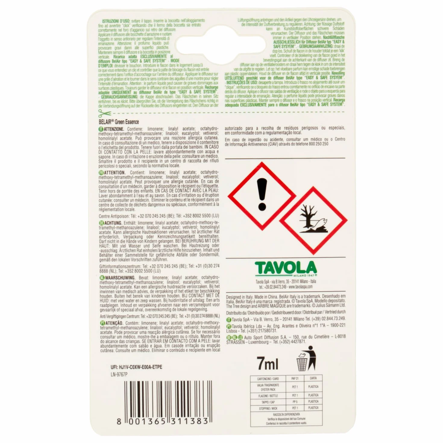 Arbre Magique Belair Giugiaro Easy Deodorante Auto Fragranza Green Essence Ricarica per Emanatore