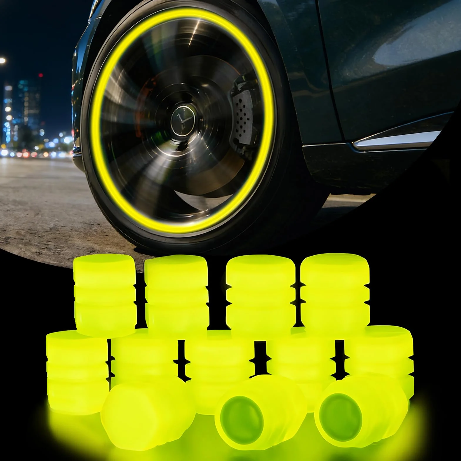 Cappucci Valvole Luminosi Auto, 12 Tappi Ruote Auto Luminosi, Tappi Valvola Fluorescente, Tappi Luminosi per RuoteAuto, TappiLuminosi RuoteAuto, Accessorio Universale perAuto Moto Bici (Giallo)
