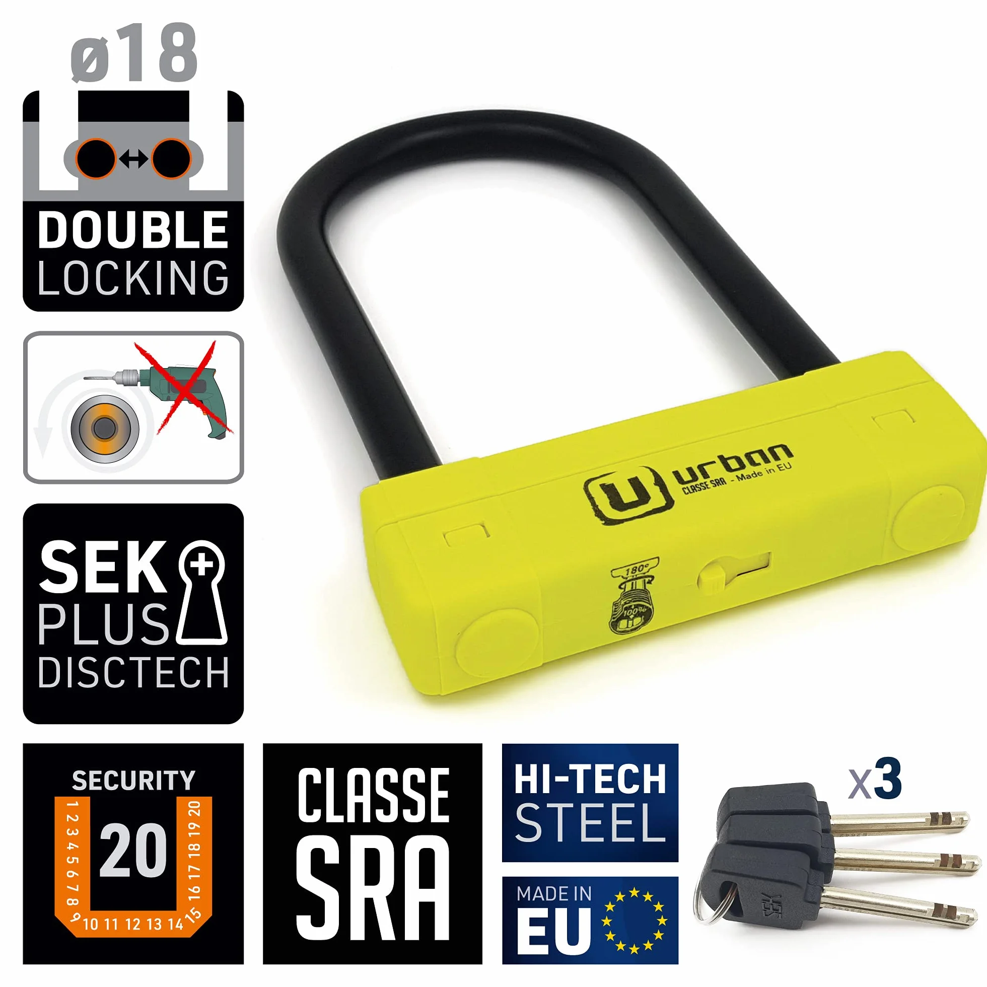 URBAN UR120220 Lucchetto a U per Moto Massima Sicurezza Omologato SRA, Arco ø18 Acciaio Temprato Doppio Blocco, Più Visibile, Antifurto a U lock 120x220mm Più Versatile per Blocco Pneumatico Moto