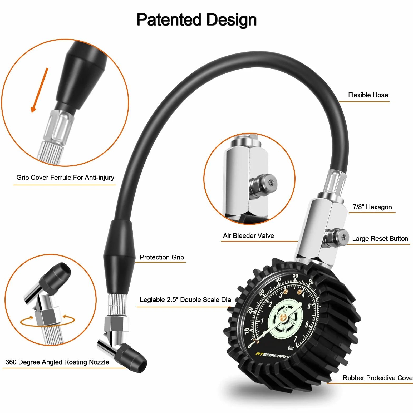 ATsafepro Manometro per Pneumatici 7 bar/100 psi Glow in The Dark Quadrante 2,5" Tubo Flessibile Analogico