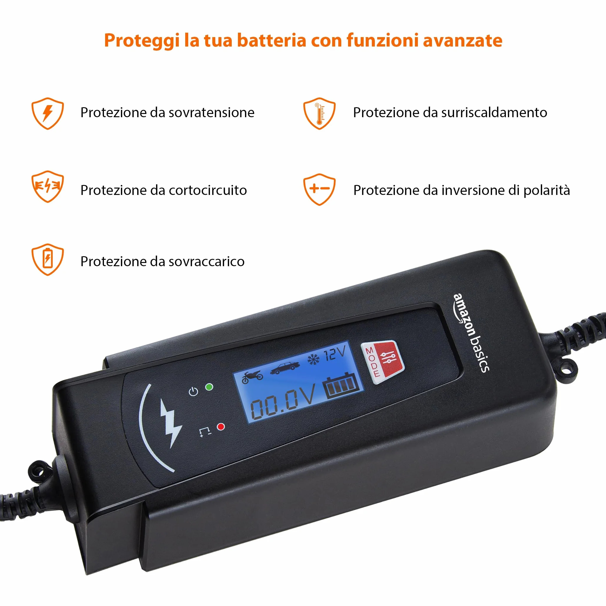 Amazon Basics Caricabatterie automatico intelligente 6V/12V 2A/4A tester batteria presa EU Nero