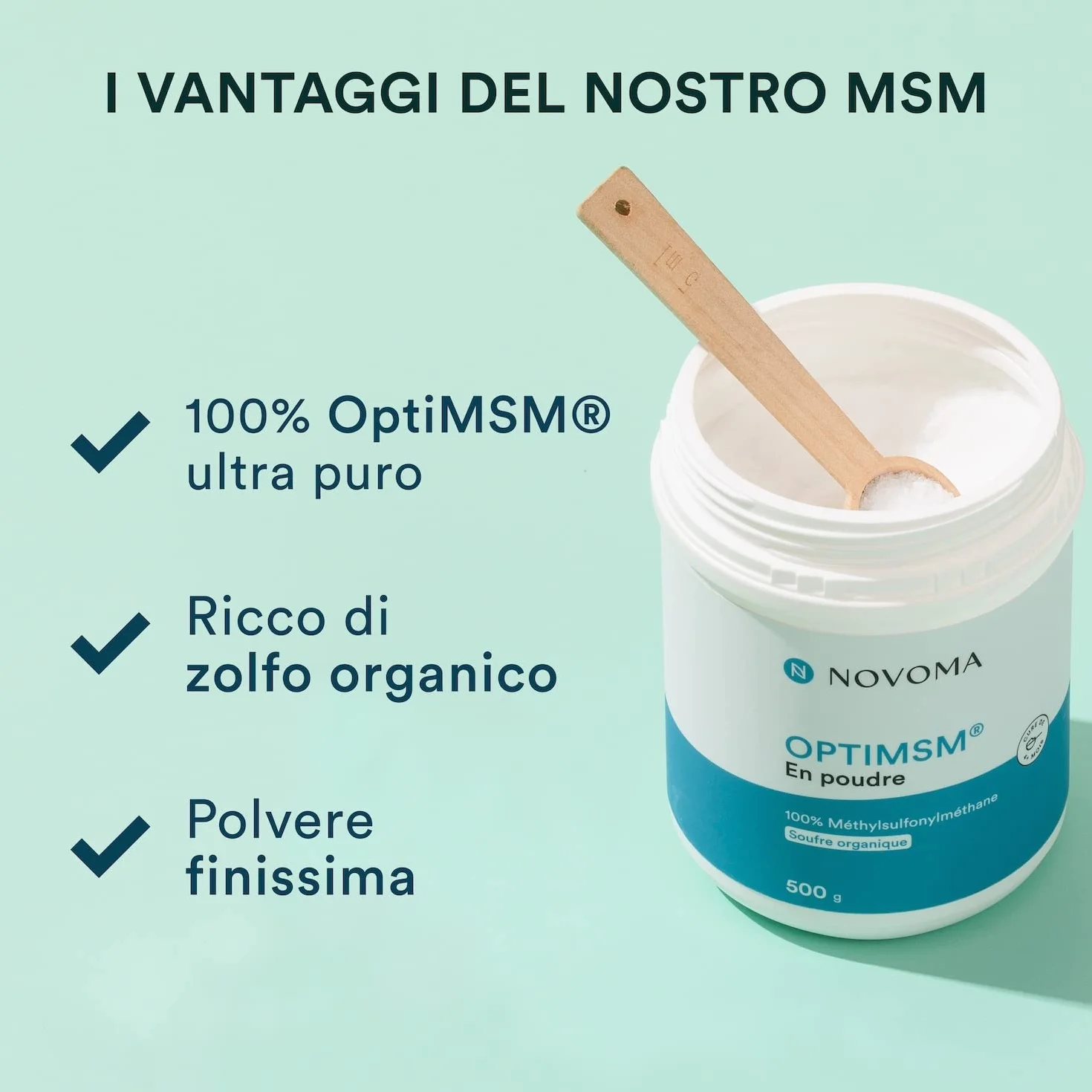 MSM Polvere OptiMSM® 500 g Integratore Vegano Zolfo in Polvere al 99,9% Puro Novoma