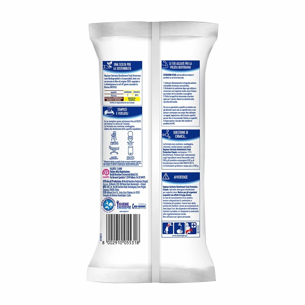 Napisan Salviette Disinfettanti Total Protectio, 40 Pezzi Multisuperfici Biodegradabili