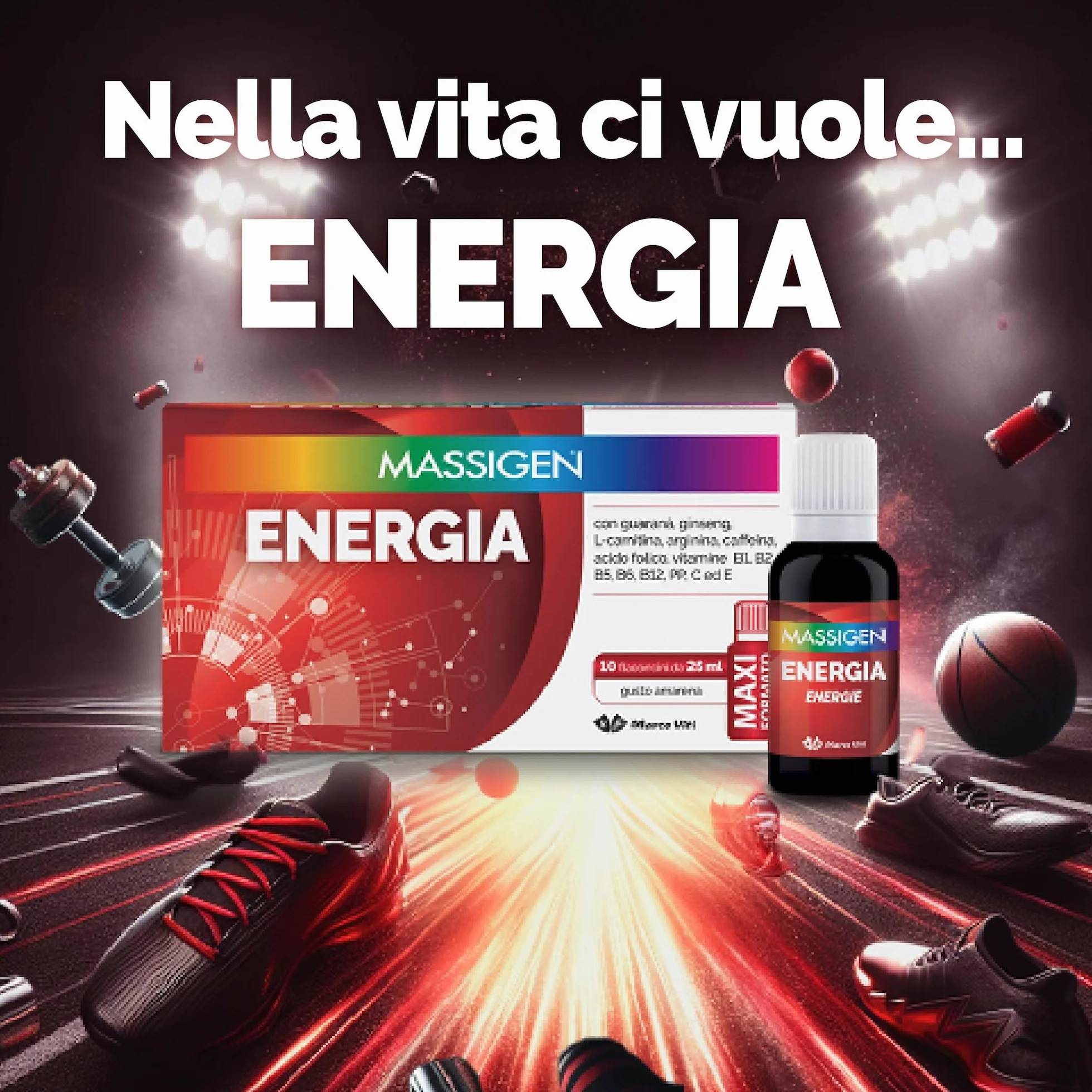 Massigen Tonico Energia Integratore Energetico con Ginseng e Guaranà 10 Flaconcini 25 ml Senza Glutine