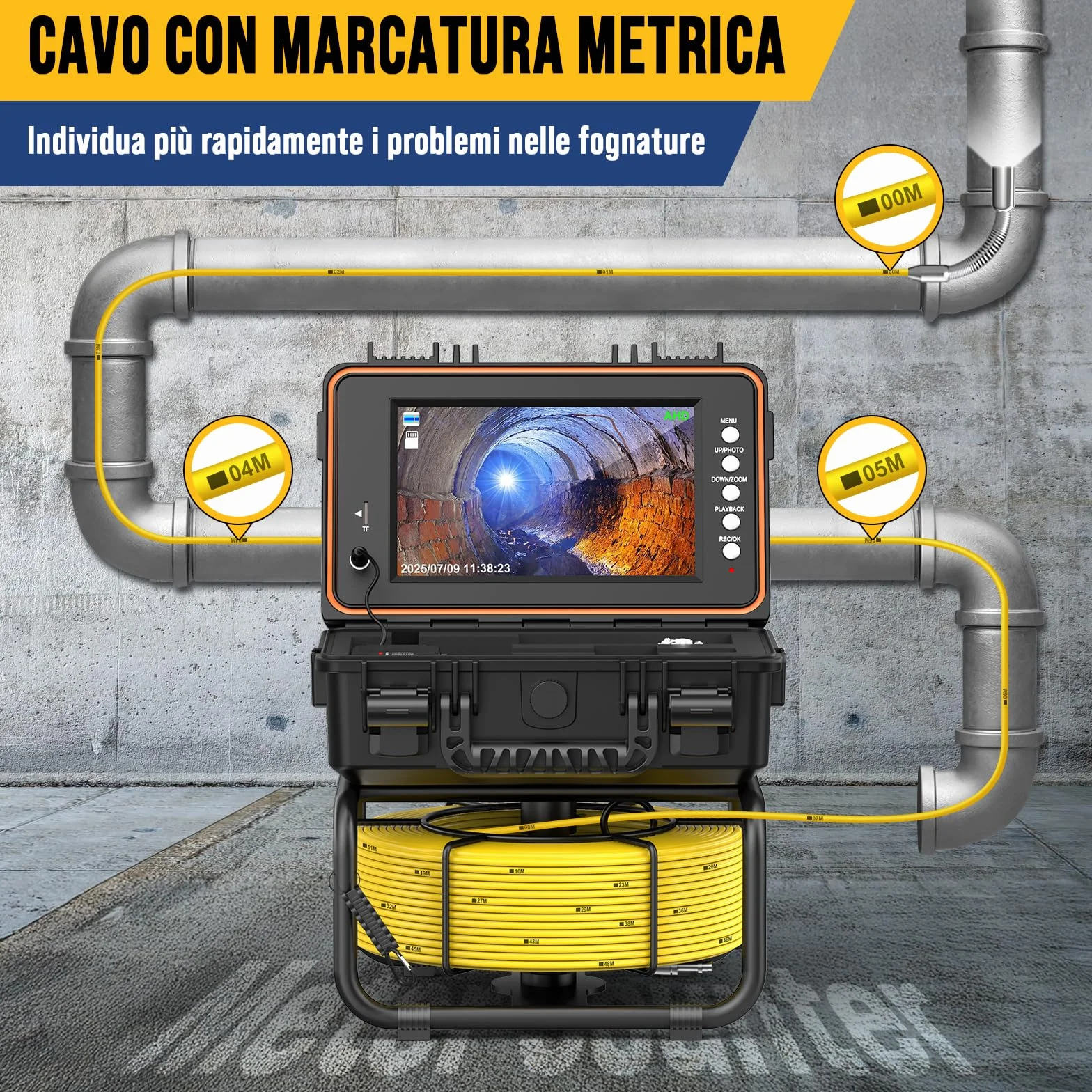 Telecamera Ispezione Tubi 1080P Sonda 512Hz Auto-Livellante Schermo IPS HD 9 Pollici DVR 32GB Batteria 5100mAh Impermeabile IP68 30M