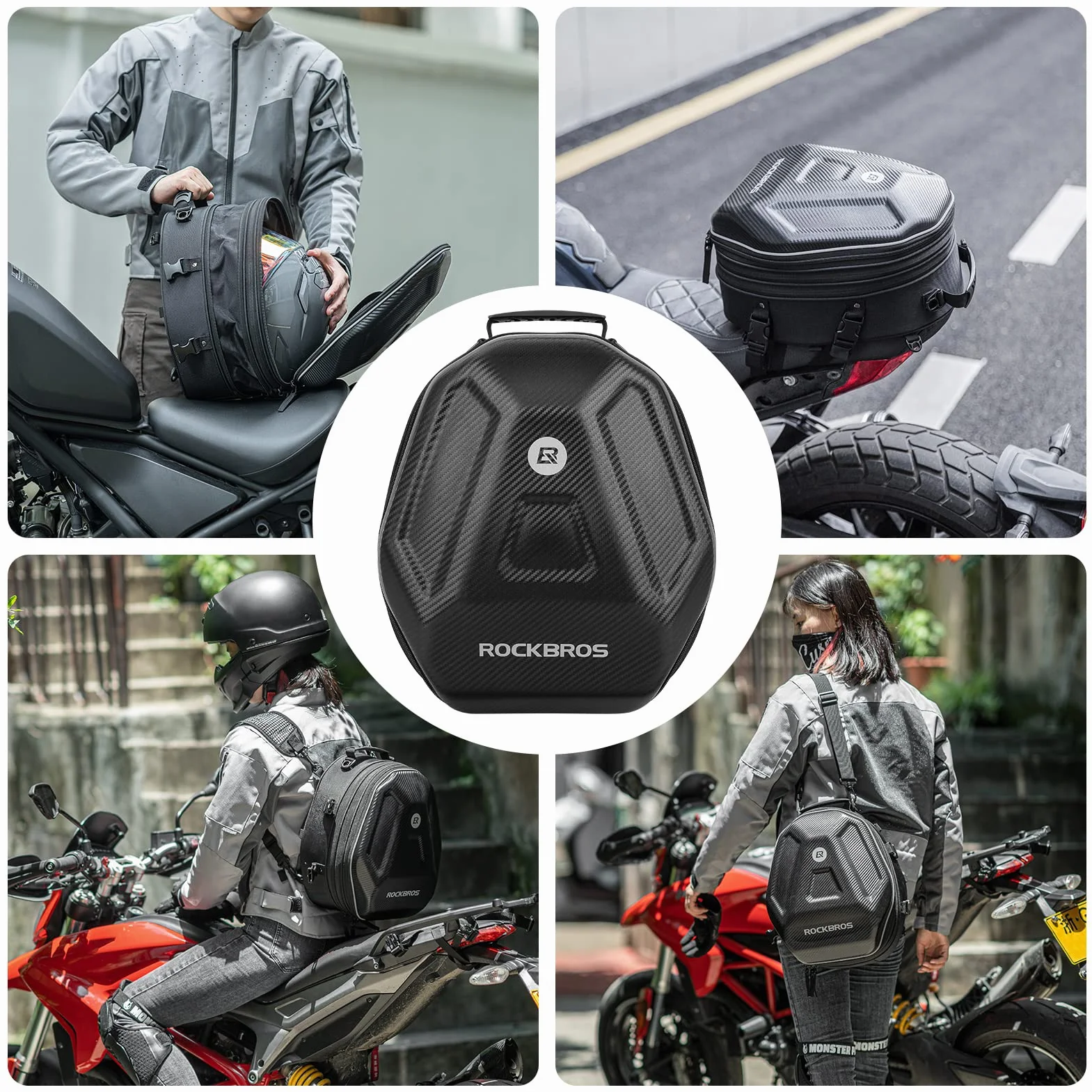 ROCKBROS Borsa Posteriore per Sella Moto Impermeabile Zaino Rigido per Casco Espandibile 20-35L Copertura Antipioggia
