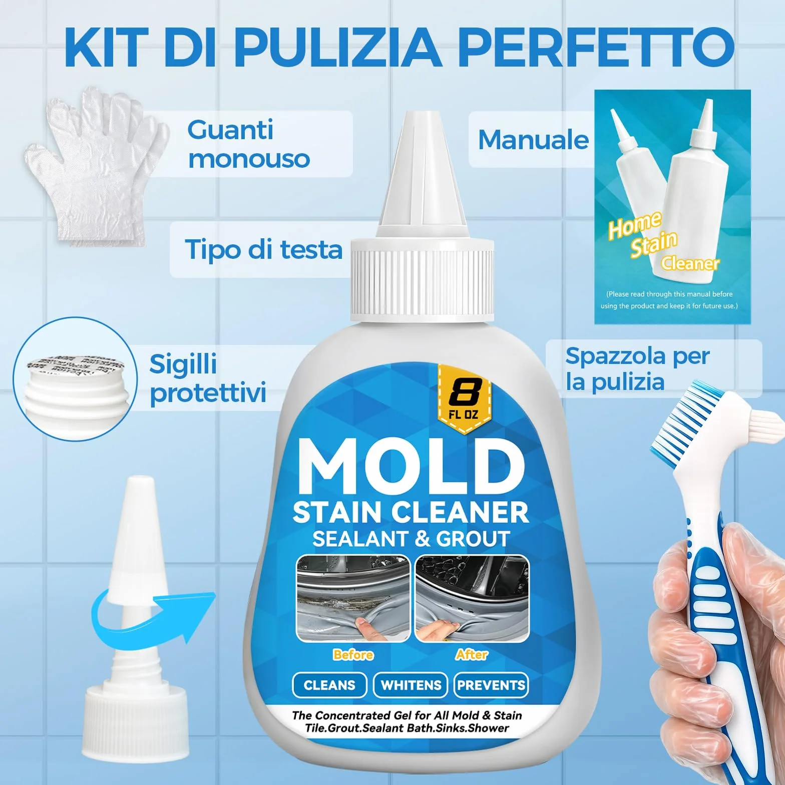 Gel Antimuffa con Spazzola 220 g Mold Remover per Muffa Ostinata per Muri Interni Bagno Cucina Doccia Piastrelle