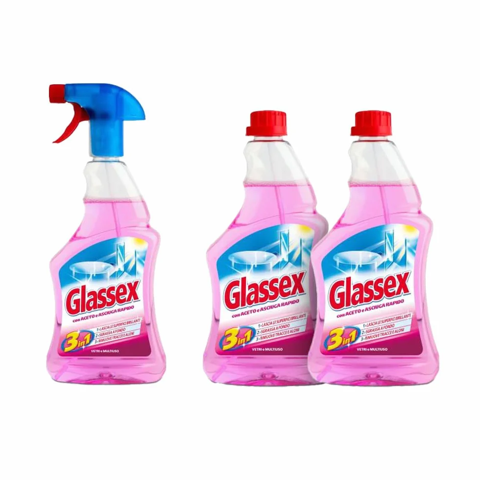 Glassex Kit Aceto e Asciuga Rapido Vetri e Multiuso 500 ml 2 Ricariche