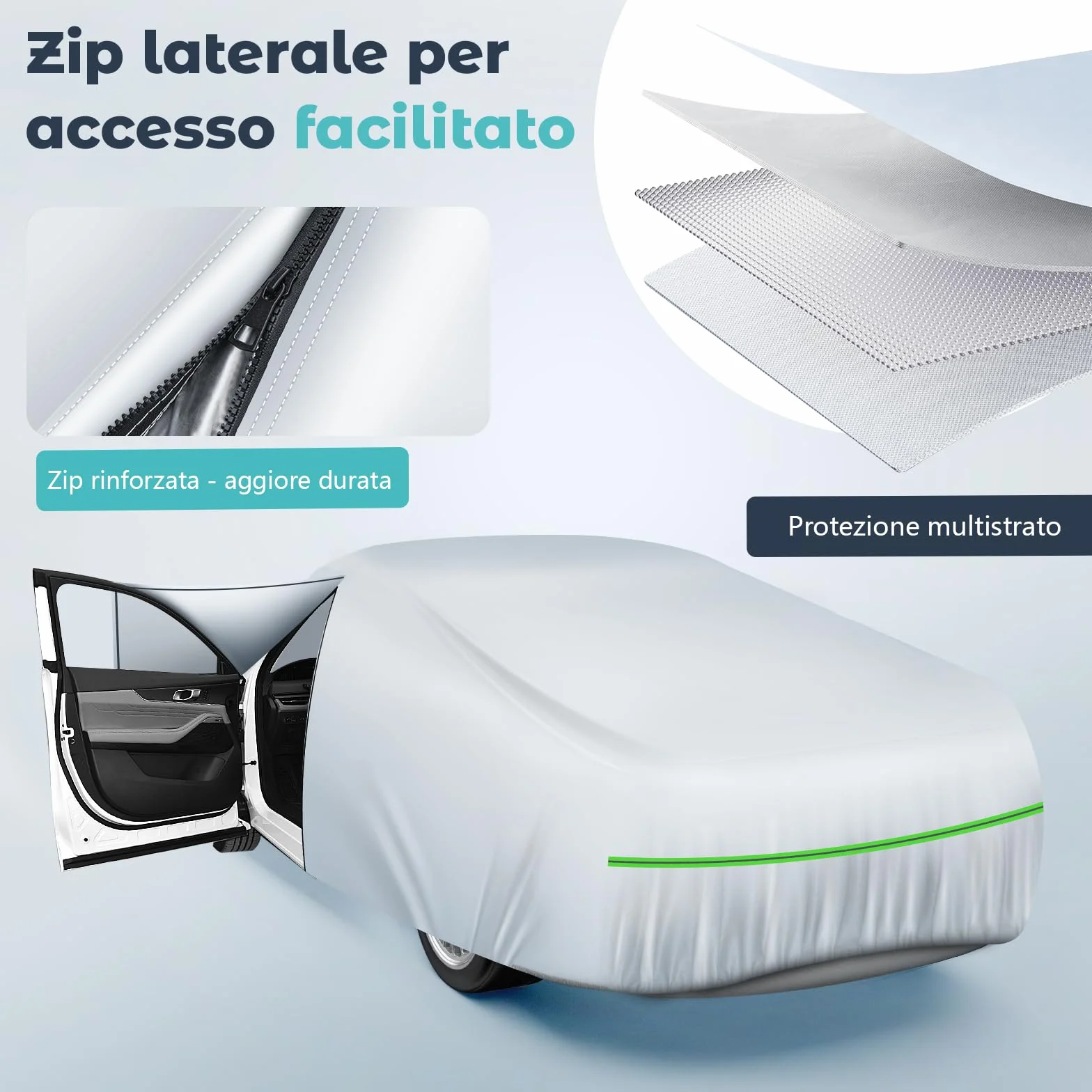 Telo Copriauto Impermeabile Anti UV Anti Vento e Antipolvere con Zip Laterale, Telo per Auto 460x185x160 cm Argento per Mid-size Car (Segmento D)
