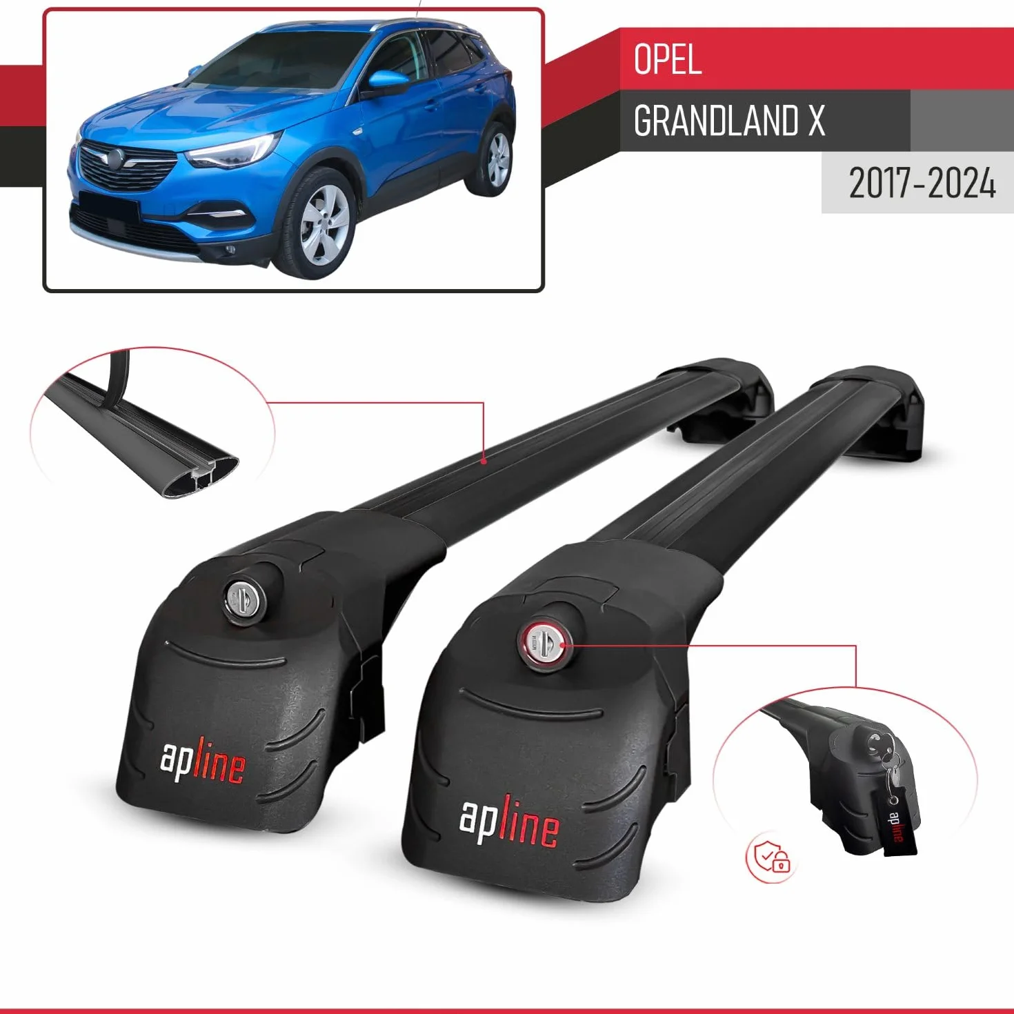 Compatibile con Opel Grandland X 2017-2024 Modello ACE-2 Barre Tetto Portapacchi Auto Barre Portatutto Nero Alluminio 2 Barre
