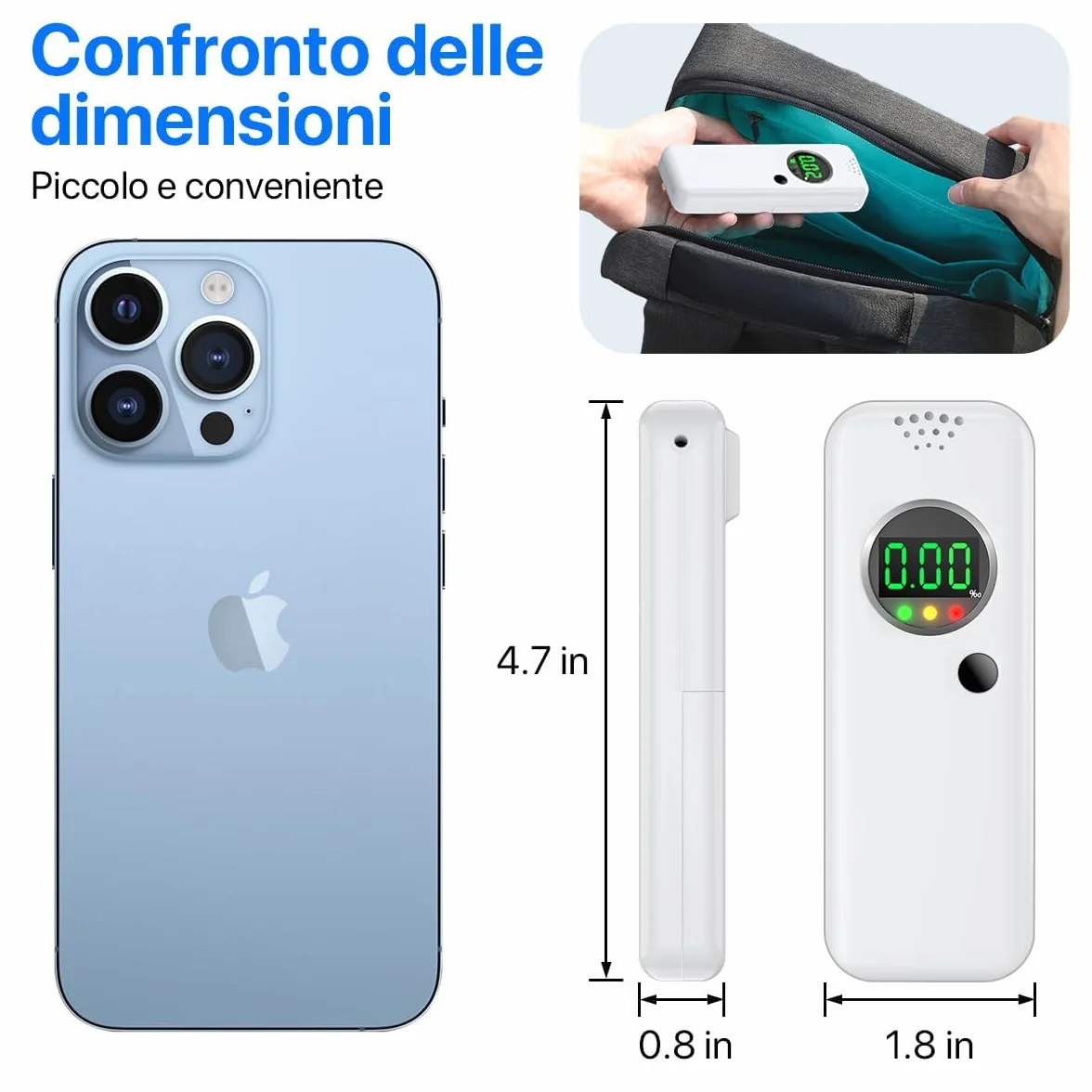 Etilometro Portatile Certificato, Alcol Test con Display LCD a Colori Digitali, Etilometro per Uso Domestico e Professionale, Codice Della Strada, Tester di Alcol con Bocchetti di 10 Pezzi (Bianco)