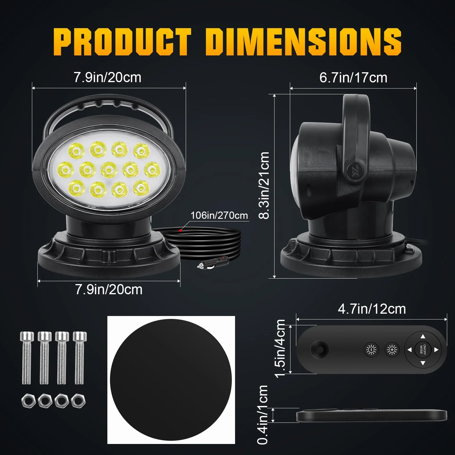 RIGIDON Strobo Faro da ricerca Led, 38W 3800LM Spotlight Rotazione 360° Telecomandato Luce da Lavoro esterno con Magnetica, Luce da Ricerca per Auto Fuoristrada Camion SUV 4x4 Barca, Faretto a led