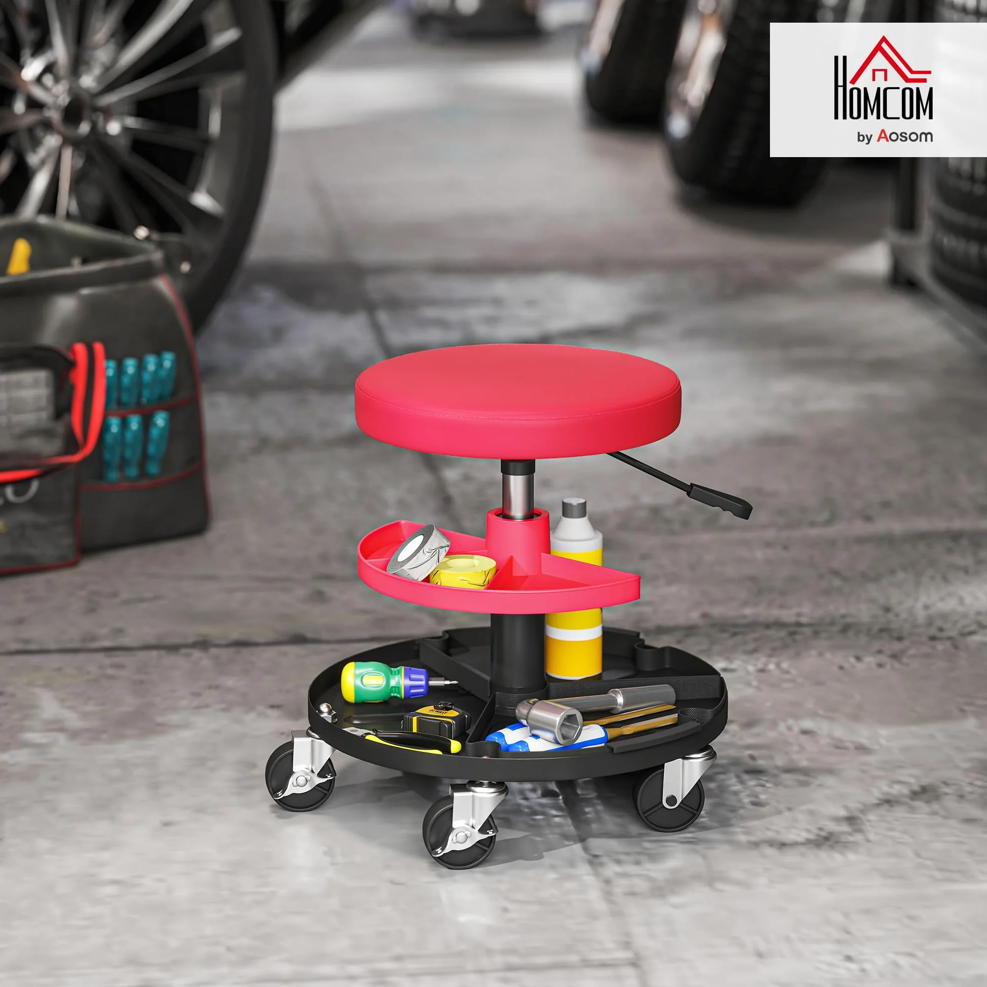 HOMCOM Sgabello da Officina con Ruote, Altezza Regolabile 40-51 cm, Sedile Imbottito, Capacità 135 kg, Rosso