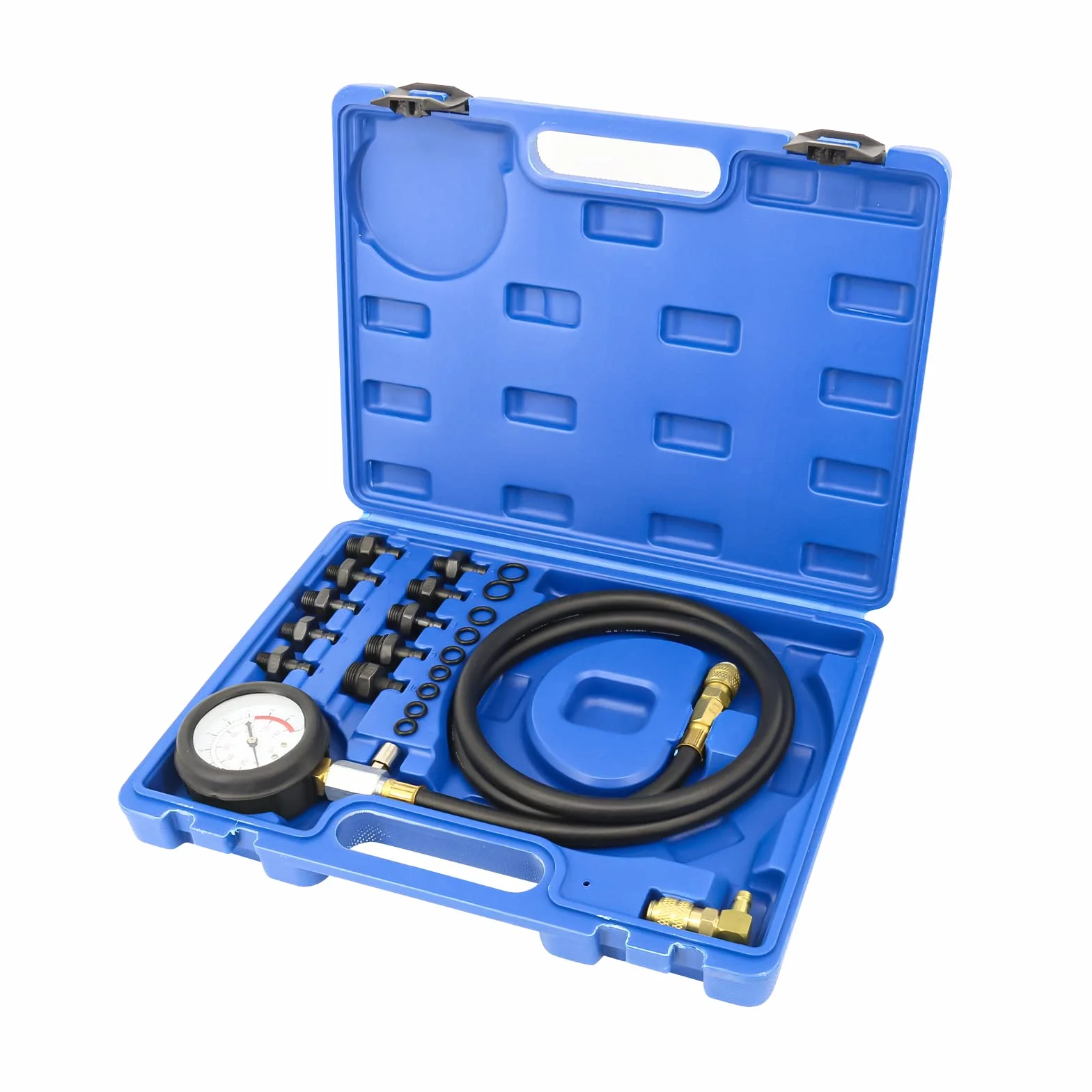 FreeTec Tester Pressione Olio, 0-140 PSI Manometro Pressione Olio Motore, Kit Misurazione Pressioni Oli, Attrezzo Prova Pressioni Oli Auto con Tubo e Adattatori per VW BMW Opel Ford Fiat (Blu)