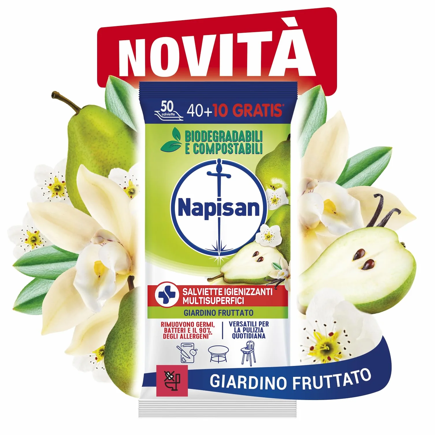 Napisan Salviette Igienizzanti Multisuperfici Giardino Fruttato, Confezione da 400 Salviette Biodegradabili