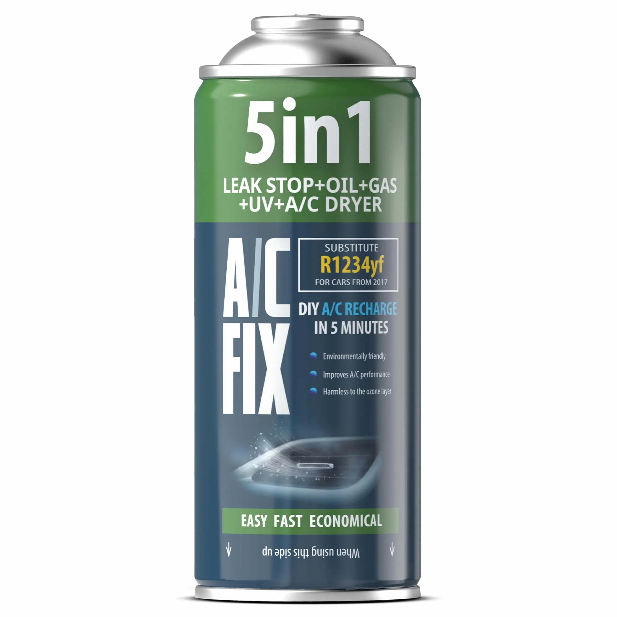 AC FIX 5-in-1 – R1234yf + Tubo flessibile + Adattatore Refrigerante per climatizzatori auto con olio, sigillante, colorante UV, essiccante – Protegge il compressore