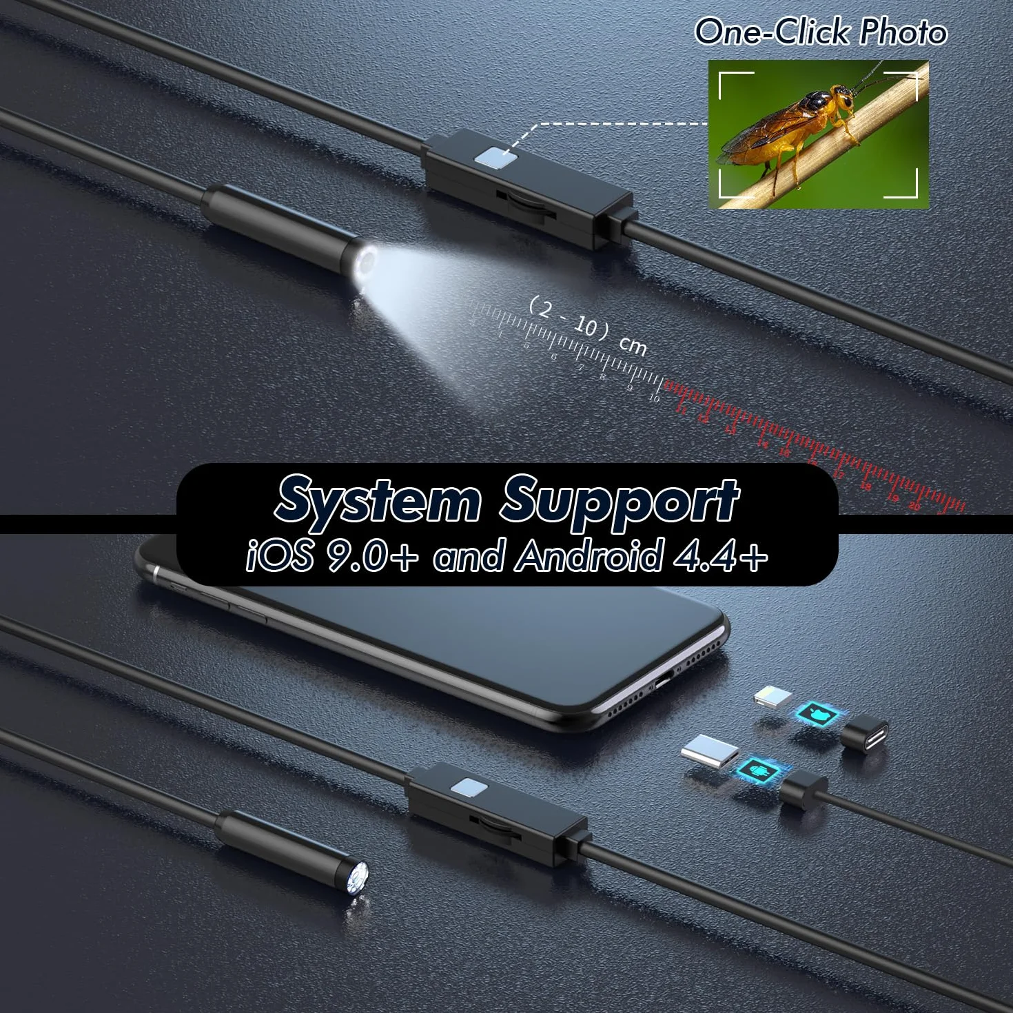 Endoscopio WiFi 1080P HD 10M IP67 con Sonda Semirigida per Smartphone iOS Android