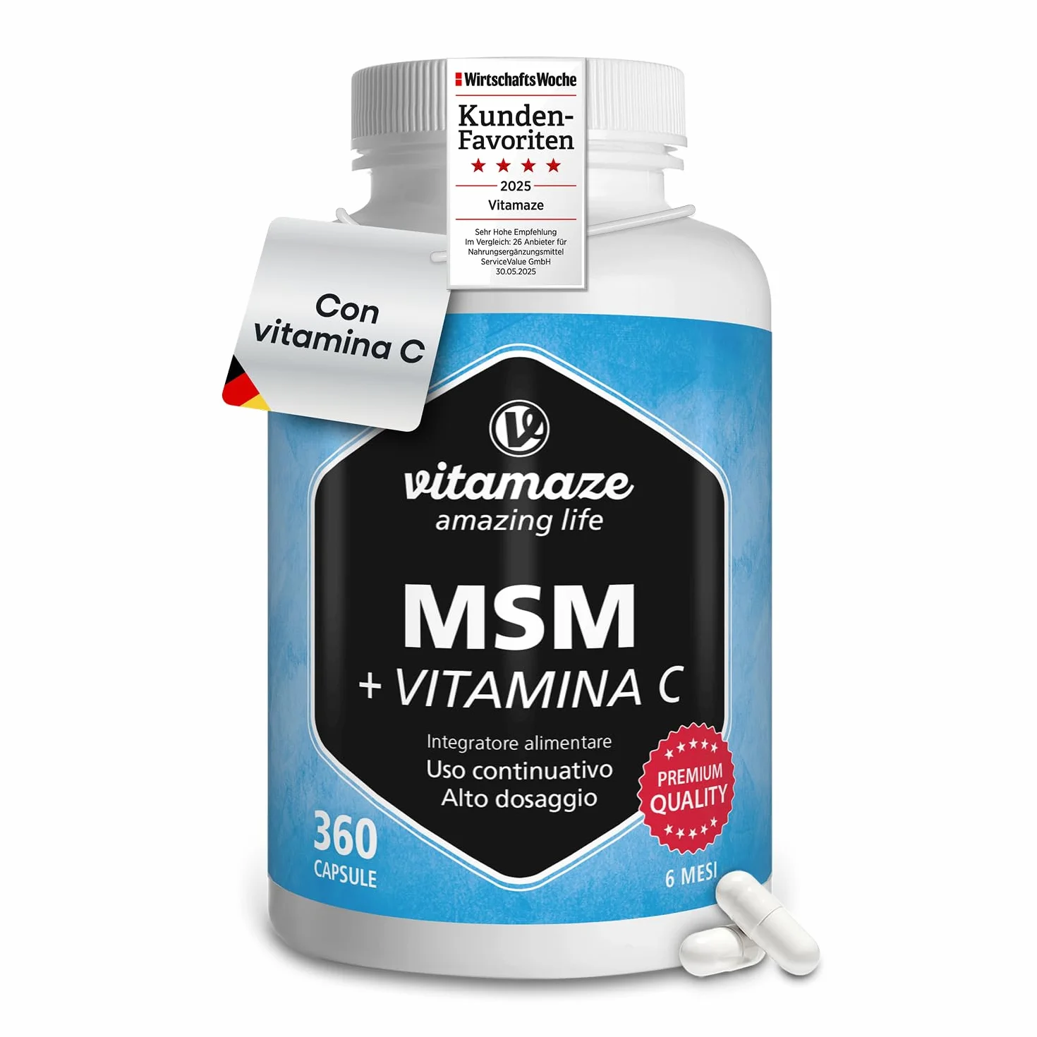 MSM Integratori per Capelli e Ossa + Vitamina C, 360 Capsule, Metilsulfonilmetano Puro al 99,9%, Qualità Tedesca