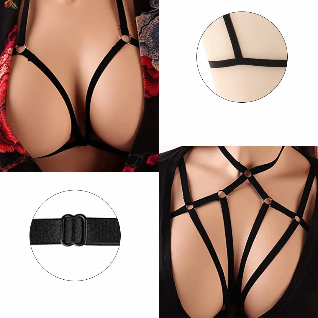 VicSec Women Sexy Harness Strappy Hollow out Bra Cupless Body Lingerie Punk Gothic Adjustable Halter Crop Top Bralet