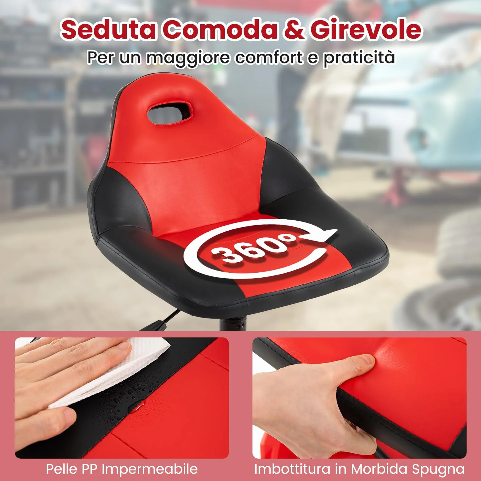 COSTWAY Sgabello da Officina con 5 Ruote, Sedia Meccanico Imbottita, Altezza Regolabile, Vassoio Porta Attrezzi, 185 kg