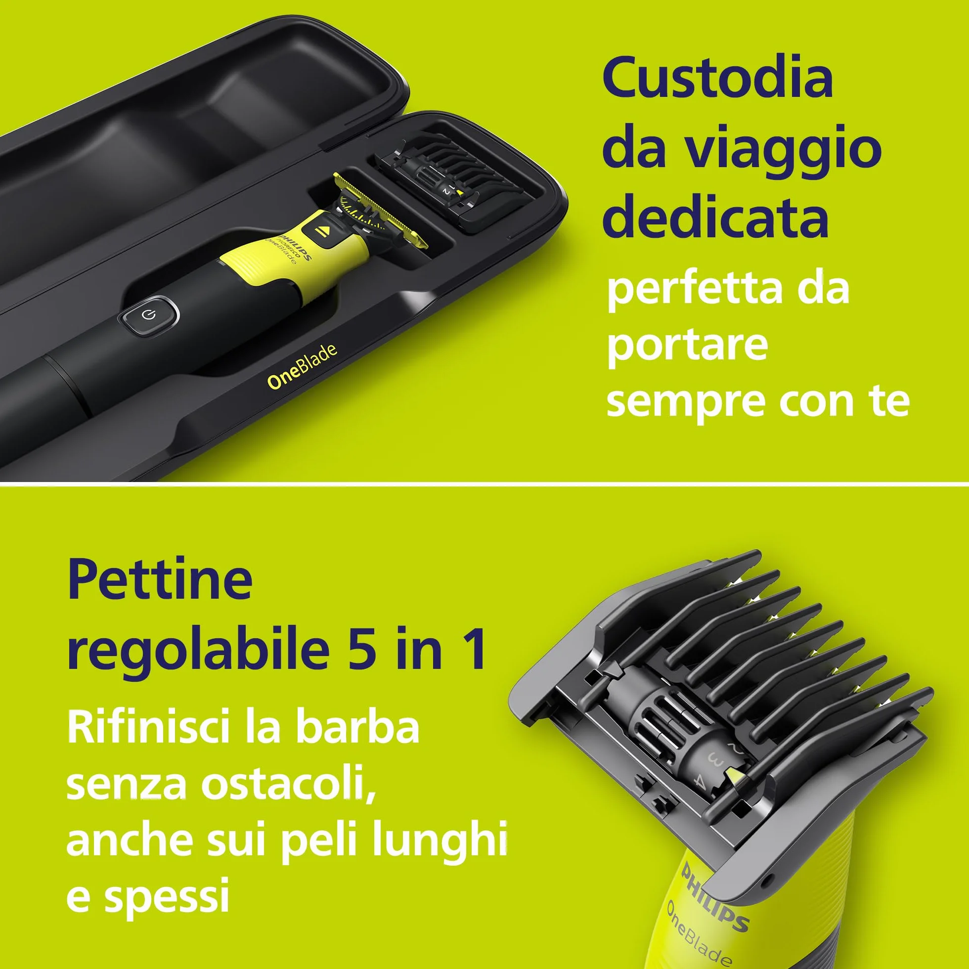 Philips OneBlade 360 Autentico Collegato Rasoio elettrico viso corpo regolabarba spazzola lama 360 pettine regolabile 5in1 kit corpo custodia viaggio QP4631/65