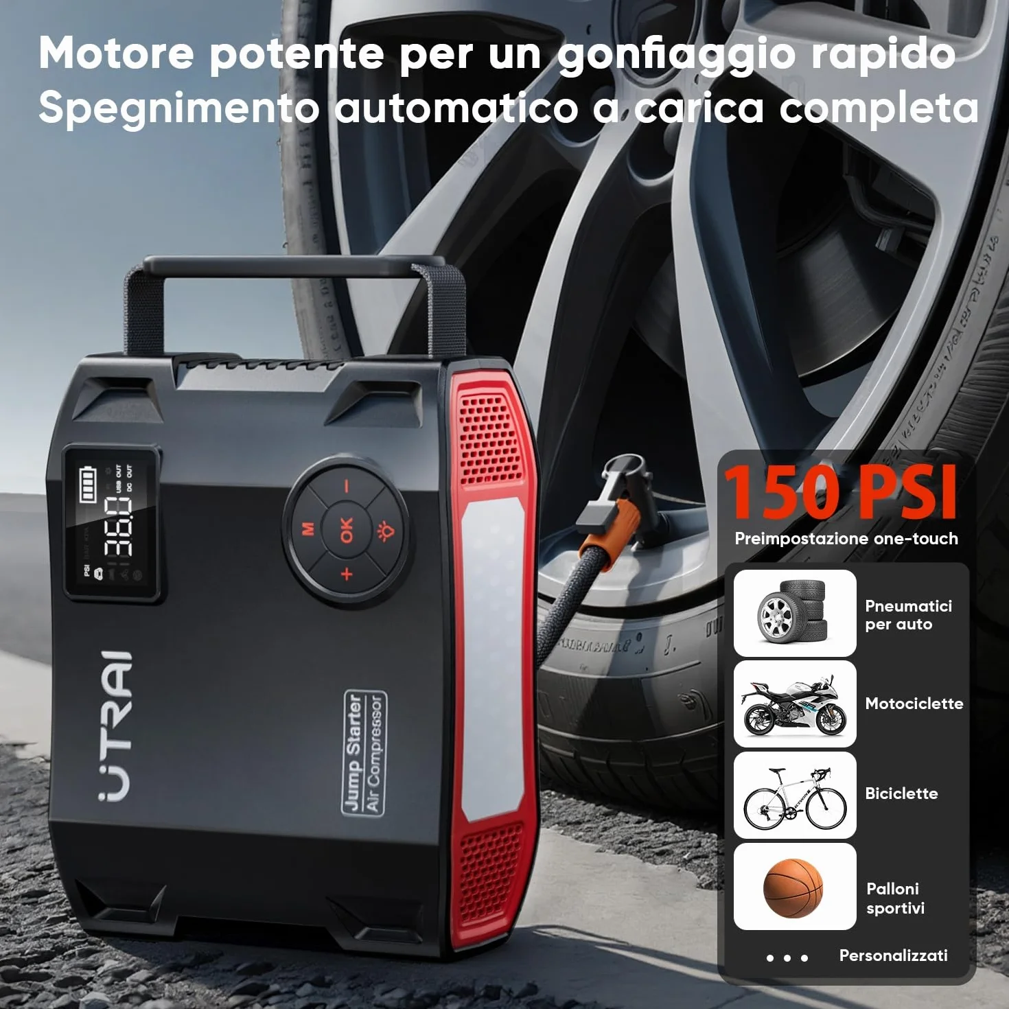 Avviatore Batteria Auto 8000A, UTRAI 27000mAh Avviatore Emergenza Auto con Compressore, DC160W Booster Avviamento Auto/Moto Portatile (Fino a Tutti i Benzina e 12L Diesel)/Doppia USB/1600 Lumen LED