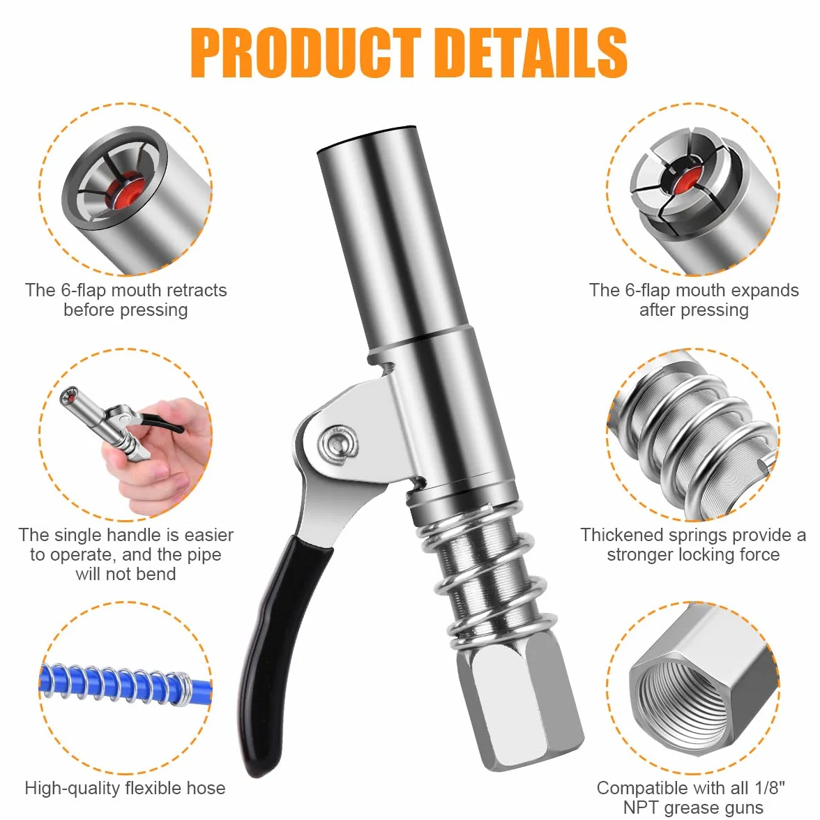 Pistole per Grasso 1/8" NPT 12000 PSI 30cm Tubo Flessibile Giunto Autobloccante